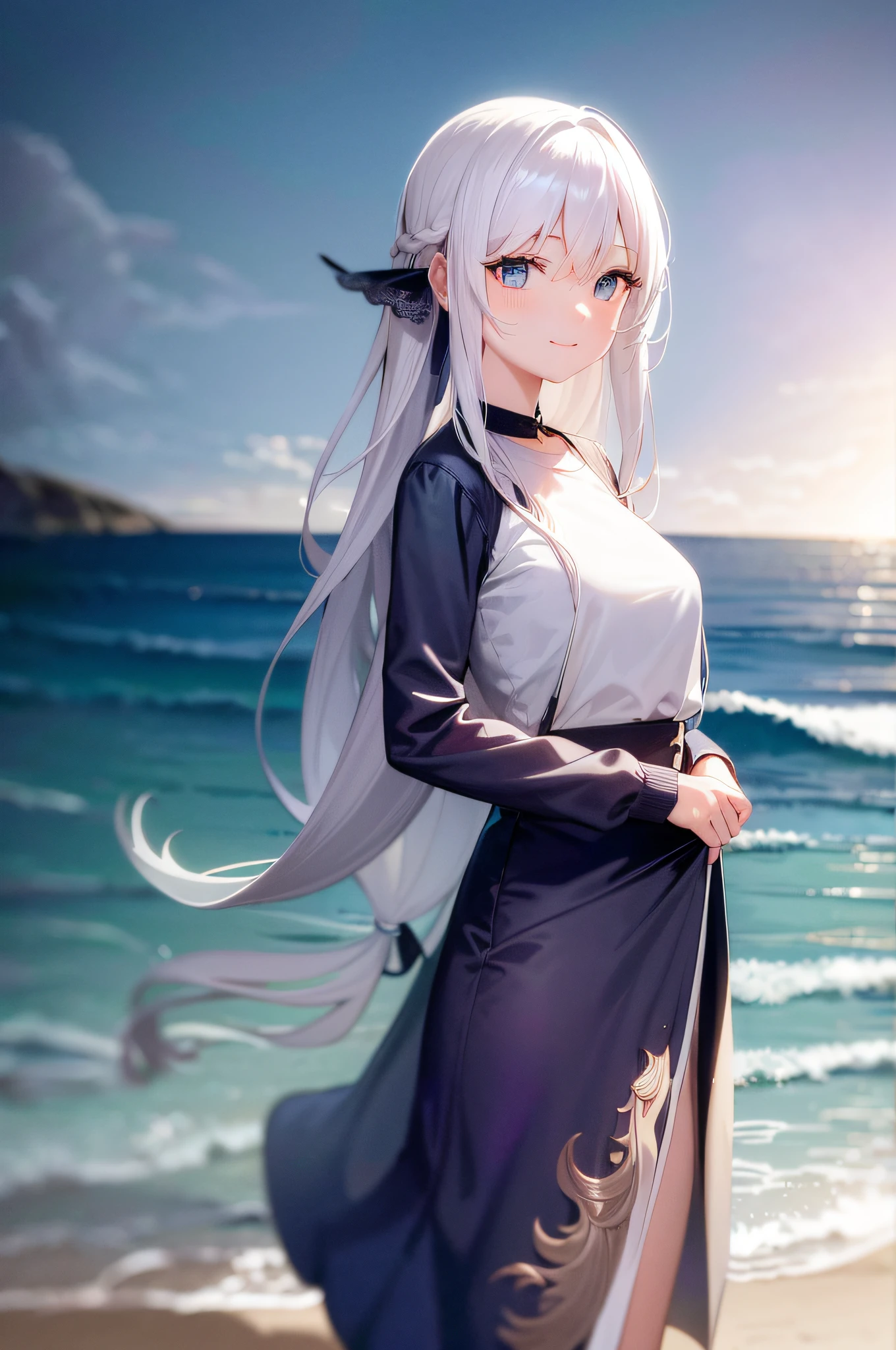 "a girl, An exquisitely detailed and beautifully rendered CG artwork featuring the epic, blue-eyed protagonist Gojou Satoru gazing directly at the viewer while standing at the sea background, Damage T-shirt, smile, long white hair, (Blue wave:1.2), (Sea wave:1.2), (white hair:1.2), styled with a captivating hairdo, accentuated with bangs and hair between eyes, highlighting his distinctive and stylish white and long hair."