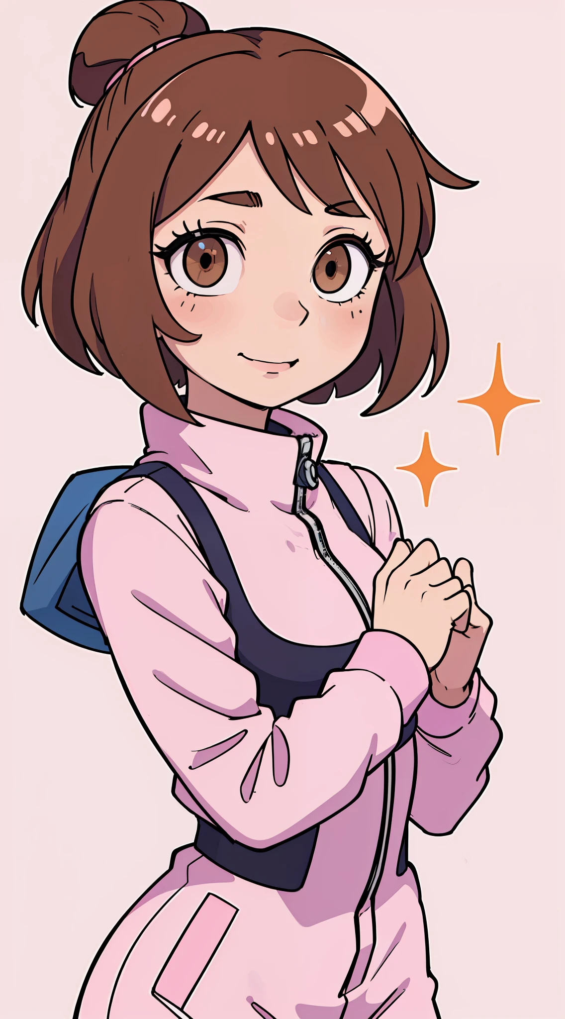 An amazing digital image of Uraraka Ochaco, one of the main characters of the anime My Hero Academia. The portrait shows Uraraka looking directly into the camera, with a tender smile on his lips. Her large brown eyes sparkle with joy and her short brown hair is combed to the side. She wears her heroine uniform, which is made up of a pink-hued jumpsuit. She places her hands on her chest, demonstrating a confident and at the same time calm attitude. The background of the image is a smooth white wall, which creates a perfect contrast with the vibrant colors of Uraraka's uniform. The image is super detailed and in high resolution, with an incredible quality that shows every detail of Uraraka's uniform and face. This image is perfect for anyone who is a fan of the My Hero Academia anime and wants a stunning digital artwork as wallpaper on their phone.