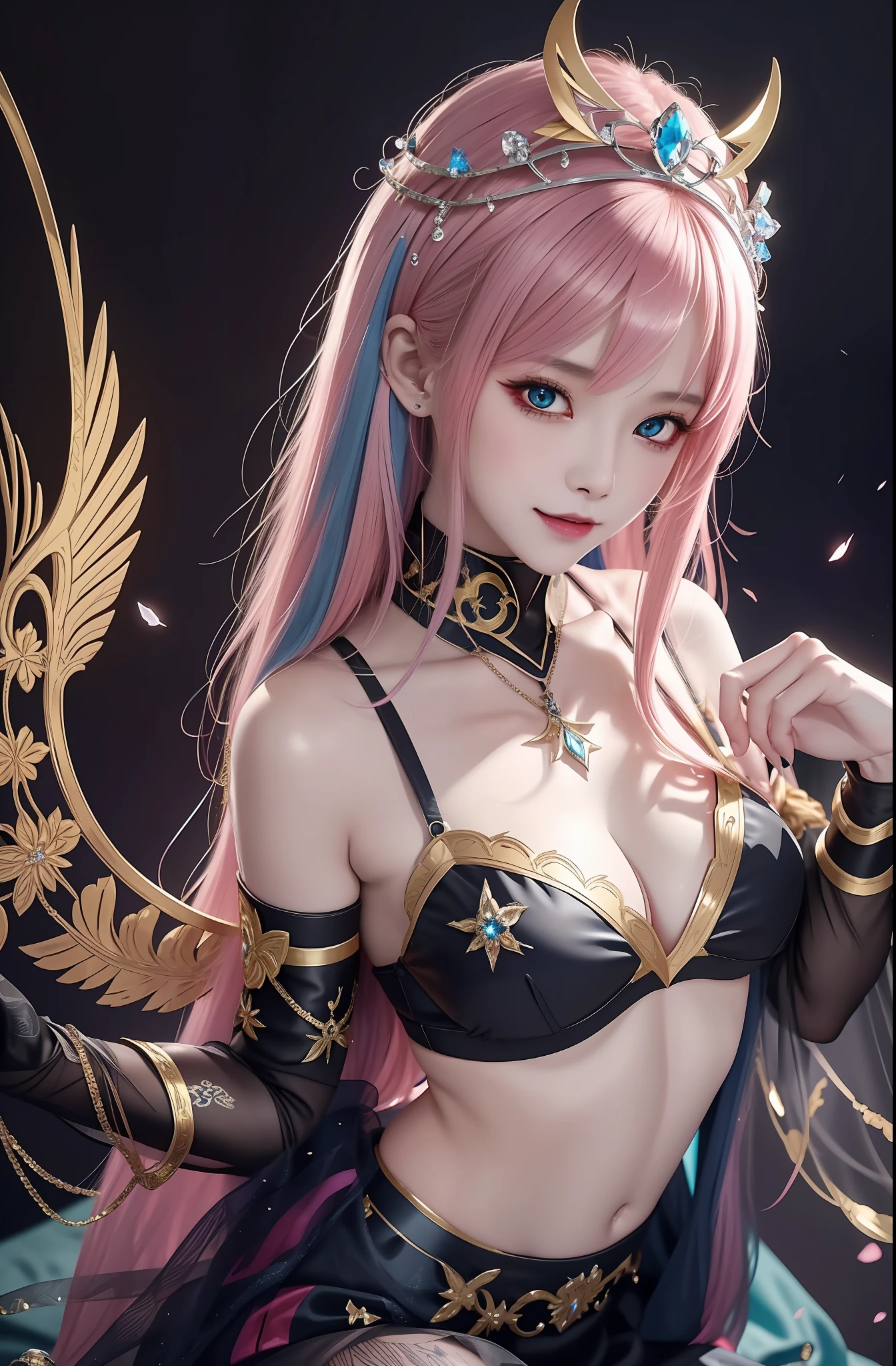 Masterpiece, top quality, pink hair, blue lightning, realistic, realistic details, high detail. Blue clothes. Blue Thunder. Blue crystal. Black suspended particles. Black smoke. Black crystals around. Black smoke wafts around. Warping the body. Warping the body. Horn. Darkness. Ochi Yami Yugi. Laugh. Very short. Boyish. Short hair.
1 girl, beauty, , fine skin, anicos_No one,, navel, detached sleeves, bare shoulders, center opening, cleavage between breasts, middle breast, long feather hair clip, blue hair ornament, thigh height,watch viewer,isekai, ochi yami play. Temptation. Brainkill. Tattoo. Demon Tail. Gold pattern at chest. Luminescent tattoo. Luminescent tattoo. Devil's wings. Black and gold tiara. Tiara. Complex and luxurious tiara. Smile. Luminescent blades.