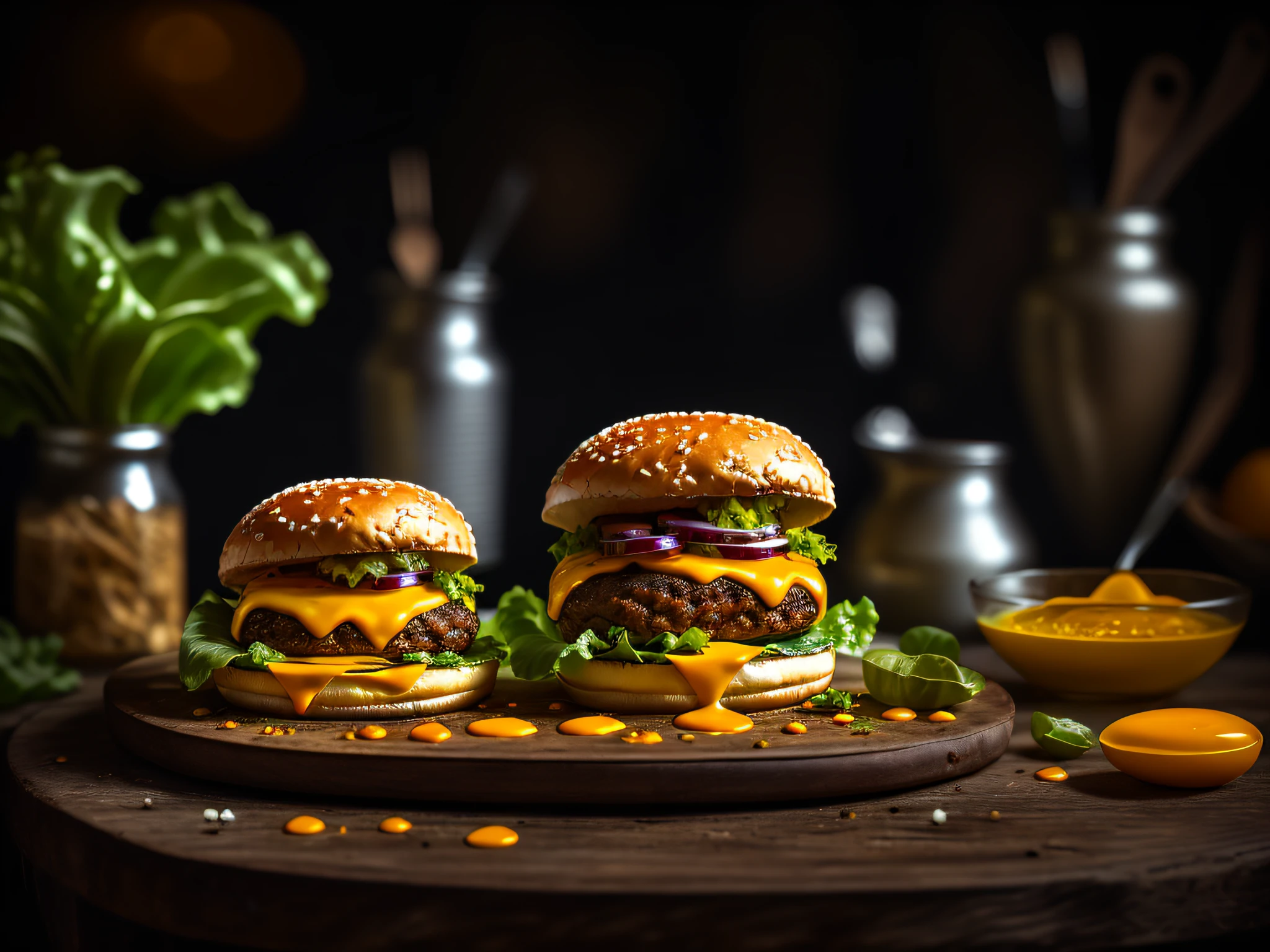 analog style, photorealistic, the most delicious hamburger, flowing egg yolk, lettuce, on a table in a cafe, dimly lit, light particles, haze, halation, bloom, dramatic atmosphere, centred, rule of thirds, 200mm 1.4f macro shot,