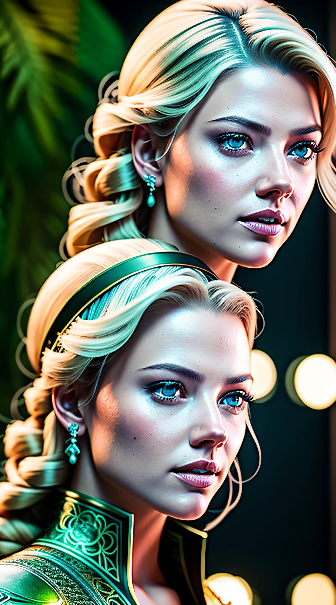 A woman with the face of the blonde actress, hair at the height of her chin. Eyes one blue and one green. A characteristic that is maintained throughout reincarnations. To wit: Eyes one blue and one green. She is 1.75 tall, slim, her face looks like actress Katheryn Winnick fused with actress Scarlett Johansson's face. And look dismayed. Hyperdetailed symmetrical eyes, filigree, large depth of field 50mm, f8 Global Illumination, Ray Tracing Reflections, Lumen Reflections, Screen Space Reflections, Anti-Aliasing, FKAA, TXAA, RTX, SSAO, Shaders, OpenGL Shaders, elegant, 4K, unreal engine 5, 4k, 8k Resolution, --Screen Space Reflections Anti-Aliasing FKAA --TXAA --RTX --SSAO --OpenGL Shaders --Post-processing --Post-production --Cell Shading --Tone Mapping --absurdly detailed and intricate --hyper maximalist --dynamic posture ---Photography --volumetric --ultra-detailed --complex details ---environment --uplight --v5 --VFX photographic --air 3: 2