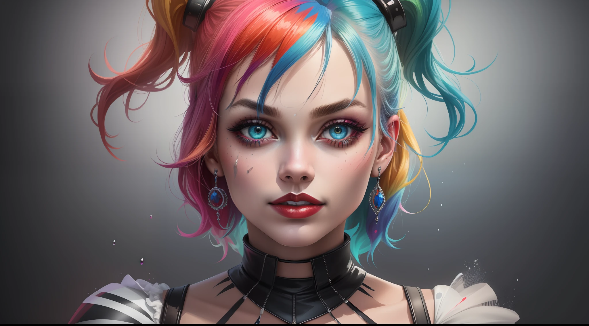 Create a color digital line art portrait of medium photo of the character of harley quinn from margot robbie Include colorful drips, paper texture, and perfect shading, with dramatic lighting. The artwork should be centered, stylized and elaborate, with a beautiful dress, beautiful eyes and a dynamic pose. TanvirTamim. rendered in 8K resolution for high quality detail, 8K image quality, 8k high resolution image, hyper detailed, super realistic, intricate details