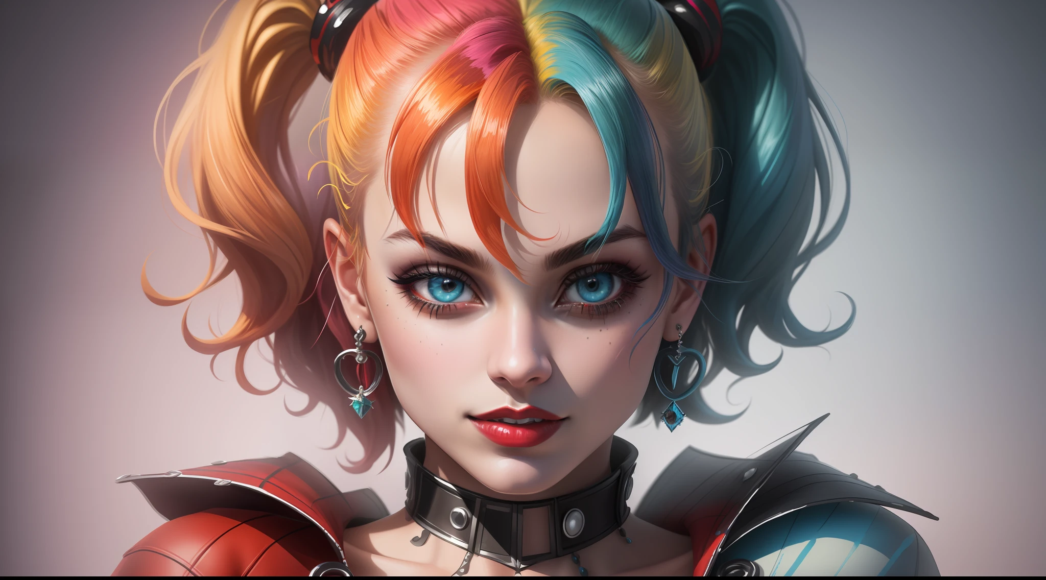 Create a color digital line art portrait of medium photo of the character of harley quinn from margot robbie Include colorful drips, paper texture, and perfect shading, with dramatic lighting. The artwork should be centered, stylized and elaborate, with a beautiful dress, beautiful eyes and a dynamic pose. TanvirTamim. rendered in 8K resolution for high quality detail, 8K image quality, 8k high resolution image, hyper detailed, super realistic, intricate details