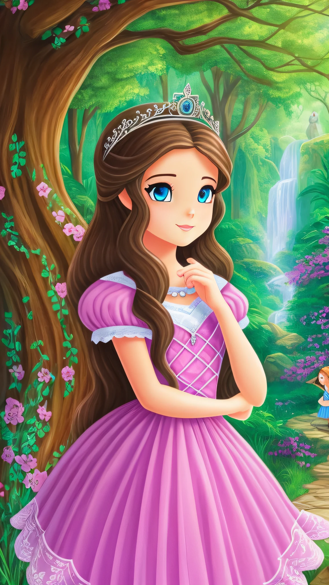 children's book painting about Once Upon a Time Princess Sofia, a curious and courageous young woman. One day, while walking through the castle gardens, she heard a mysterious sound coming from the forest beyond the walls. Intrigued, she decided to follow the sound to discover its origin. In her pink dress and shiny crown, she entered the forest, looking forward to the adventure that awaited her.