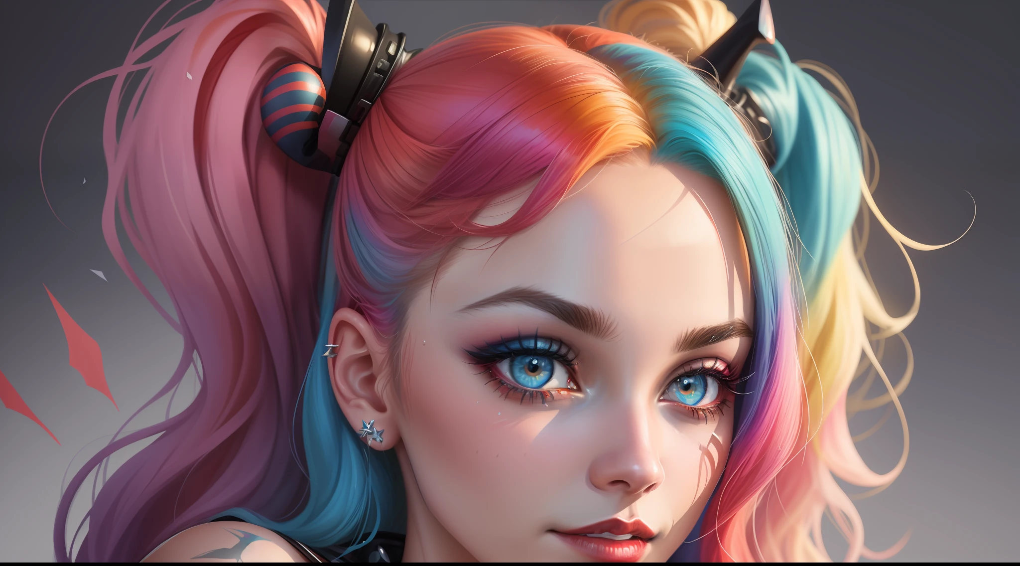 Create a color digital line art portrait of medium photo of the character of harley quinn from margot robbie Include colorful drips, paper texture, and perfect shading, with dramatic lighting. The artwork should be centered, stylized and elaborate, with a beautiful dress, beautiful eyes and a dynamic pose. TanvirTamim. rendered in 8K resolution for high quality detail, 8K image quality, 8k high resolution image, hyper detailed, super realistic, intricate details