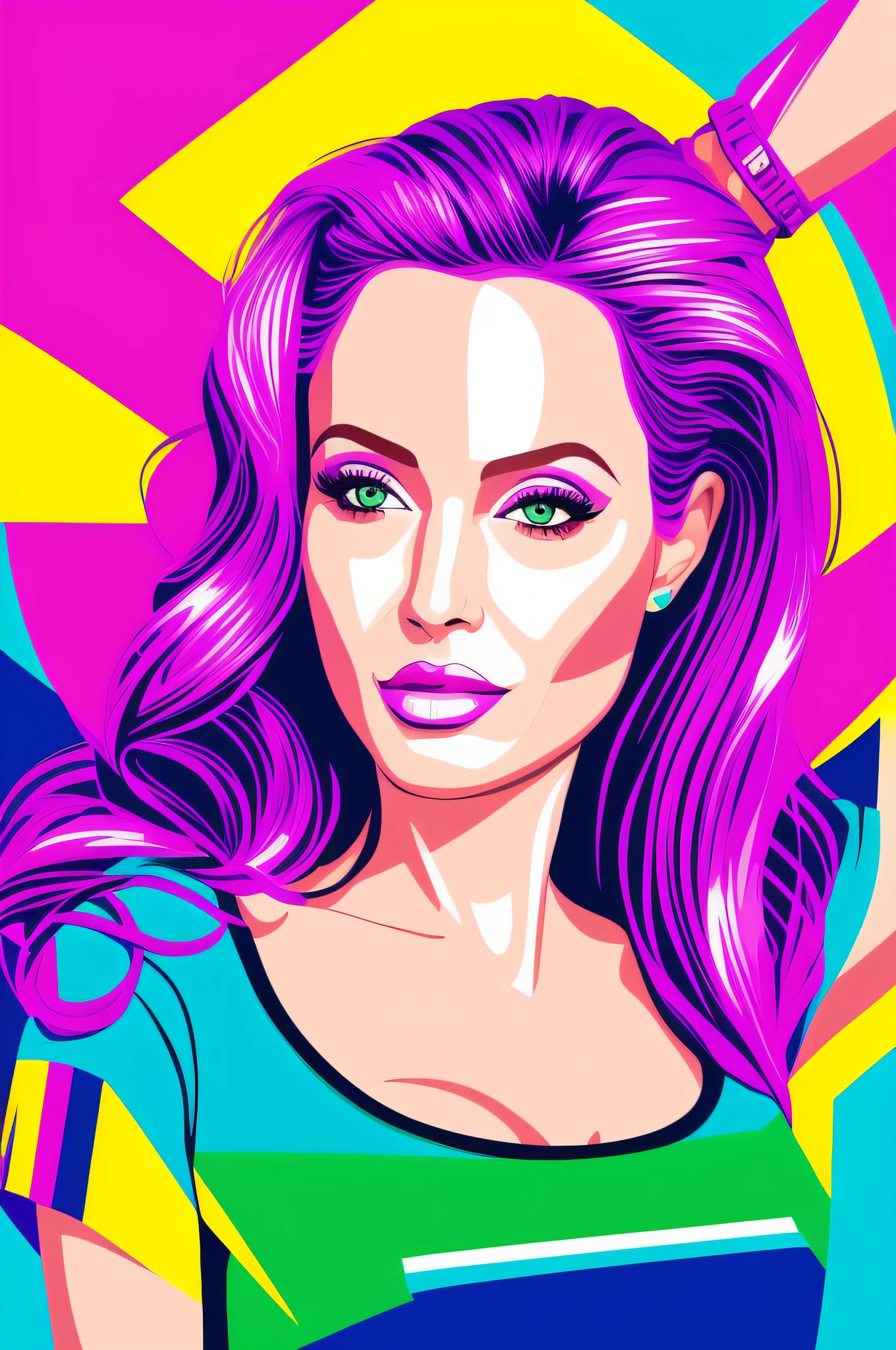 A woman with purple hair and a green top is posing, Vector Art style, Violet Polsangi Pop Art, digital illustration style, Fancy Pop Art, Alessandro Pautasso Art, Pop Art cartoon style, Pop-art style, Pop Art painting, Vector Art, Multicolor Vector Art, Pop-art style, Pop Art Style realistic