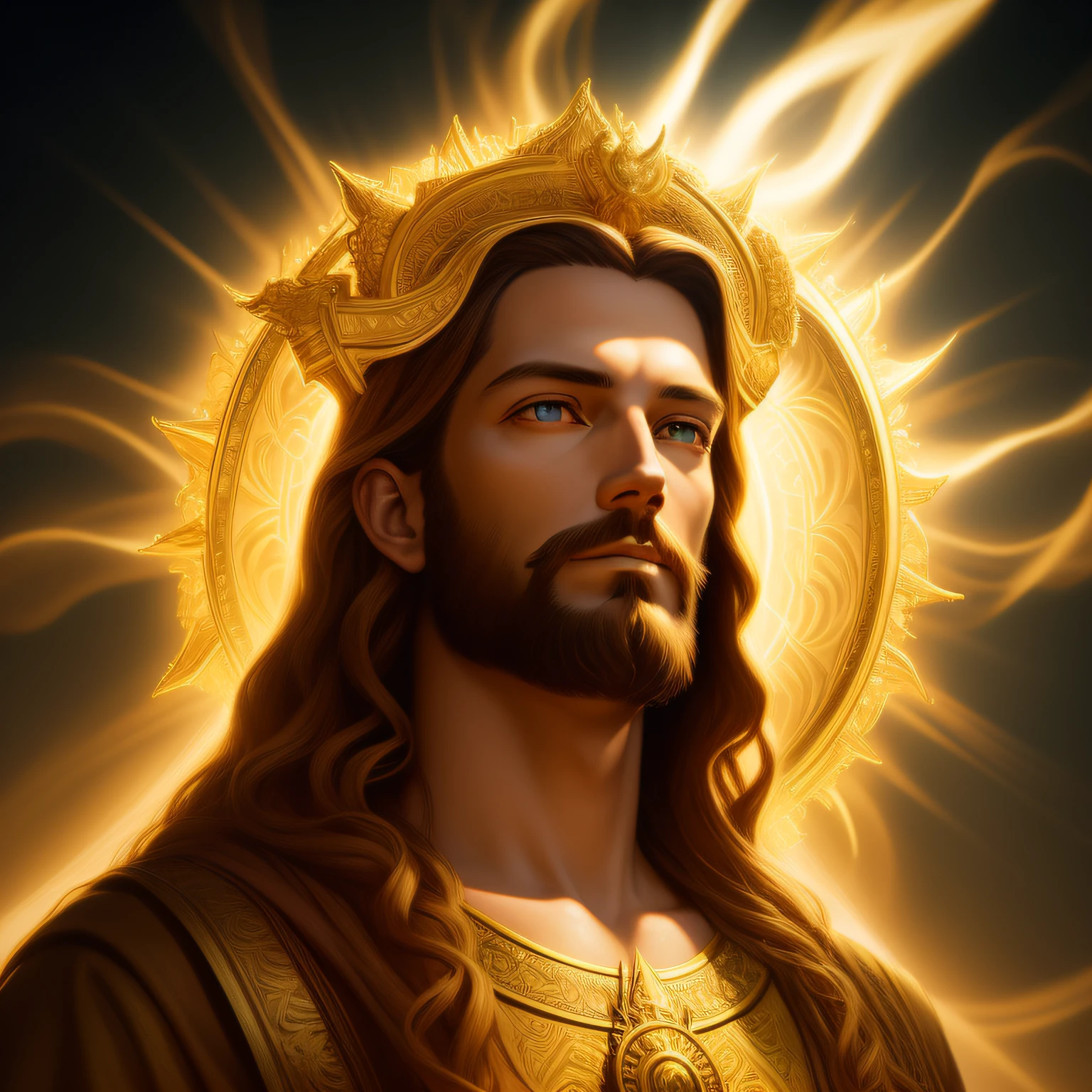 highly detailed portrait of a jesus christ sun god halo of light, gold, unreal engine, art by mark ryden, lostfish, earl norem, global illumination, god rays, detailed and intricate environment, elden ring style