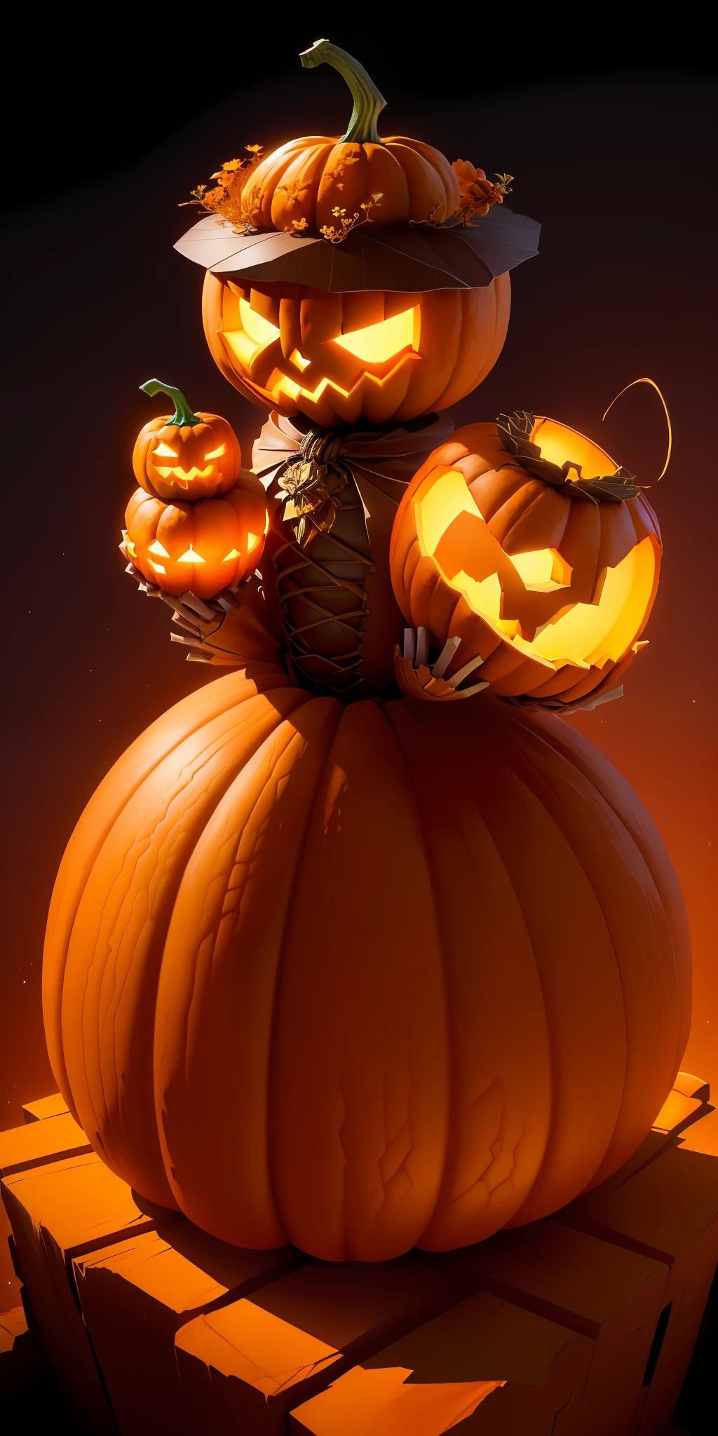 an anthill made from pumpkin night animation,pumpkin head with big ribbons,fantasy,upscales
