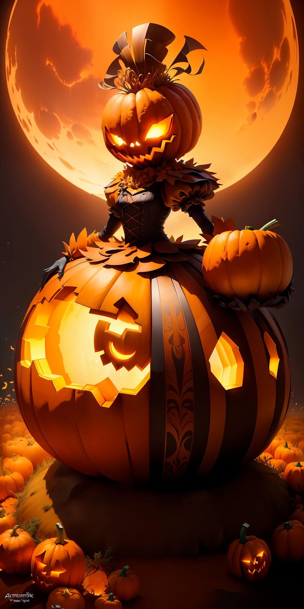 an anthill made from pumpkin night animation,pumpkin head with big ribbons,fantasy,upscales