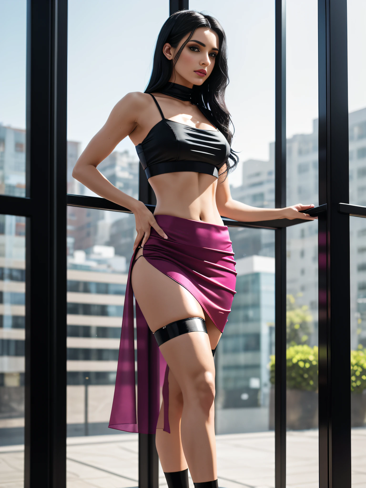 (long full body shot), (high detailed 8k), ((solo)1.1 Arabic woman)  (standing legs parted)1.1 (wearing a (crop top and miniskirt)) (shiny dark black hair), muscular abs fit, (belly piercing)1.2, (high stockings), straps, (stiletto pumps), (sheer silk cotton transparent fabric)1.3, full body, detailed eyes, photorealistic, vivid color, natural light, sharp focus,[pink|red|green|blue|purple|yellow|mauve|maroon|cyan|orange:0.10], solo