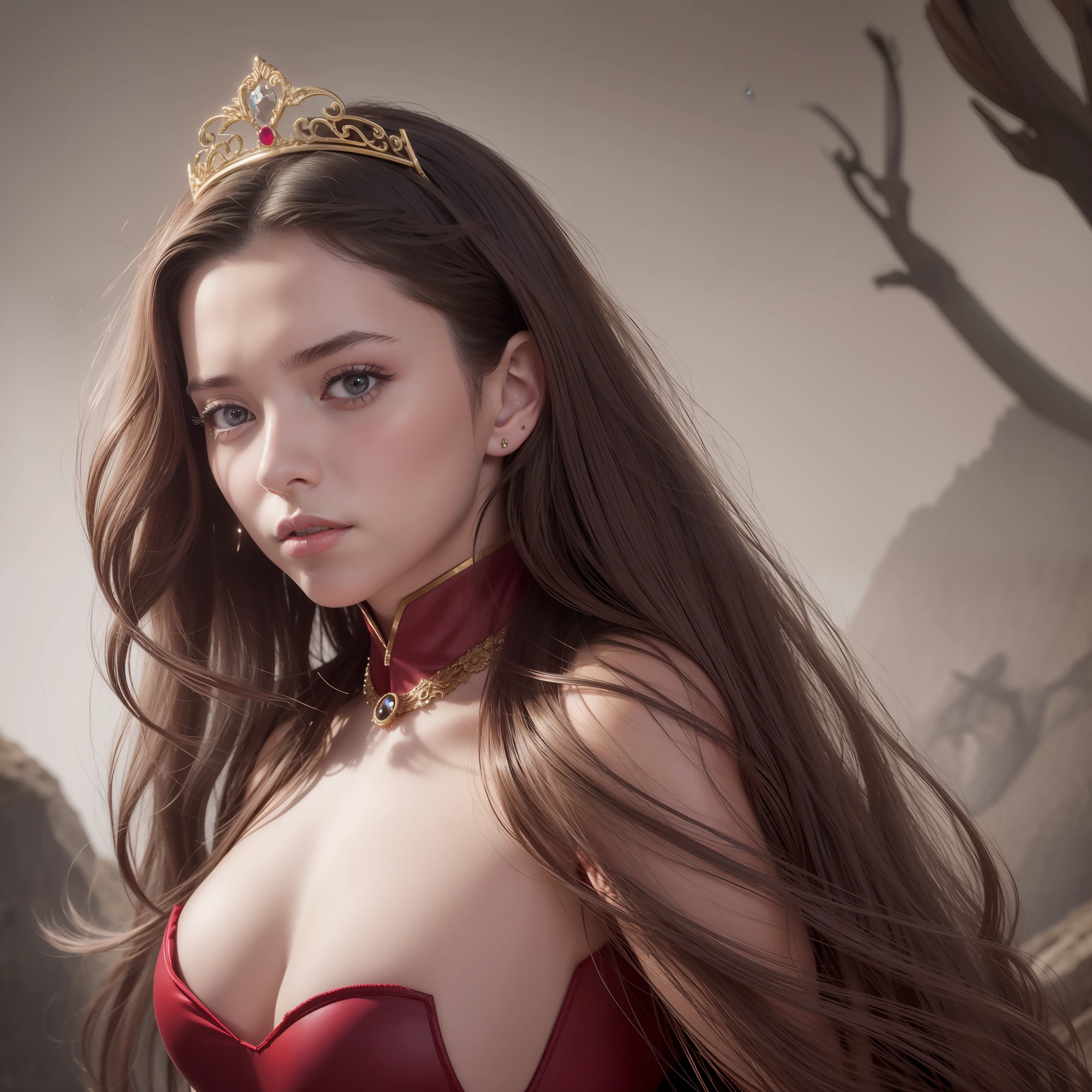 “Dasha Taran”, 22 years old, Photo Realistic, Realistic. 1girl realistic, skin realistic, “Dasha Taran” face, big boobs, five-fingered hand, Wanda Maximoff character, Scarlet Witch character, a red bodysuit with a corset-like design, red gloves, a red cape, and a gold tiara with a red gem on her forehead, a tiara-like gem with a stylized "W", mastery over chaos magic, force fields, energy blasts, dark space, raining, detailed eye makeup, puffy eyes, solo, sharp focus, volumetric fog, 8k uhd, dslr, high quality, film grain, photorealism, lomography, in a cave, a cave shrine