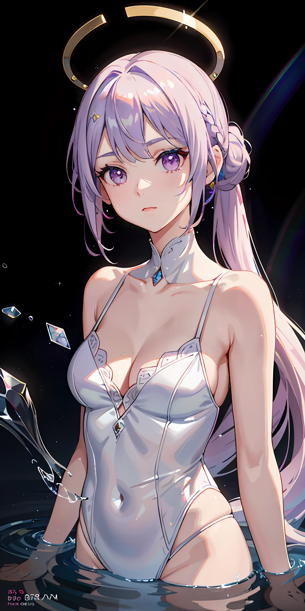 1 girl, bright, multicolored hair, ponytail, saleme, head mask, side light, light particles, wallpaper, big, plump, quiet, mature, sexy, (((disheveled hair)), (beautiful white young beautiful girl), purple hair, pink eyes, beautiful eyes, hair between eyes, asymmetrical bangs, hair behind the ears, hair above one eyebrow, delicate facial features, (delicate and beautiful)), (fantasy), (( rainbow)), (liquid), best shadows, lens flares, pastel colors, masterpieces, high quality, high resolution, , halo, bangs, long hair, hair flowers, idols, swimsuits, hair ornaments, solo, close-up,