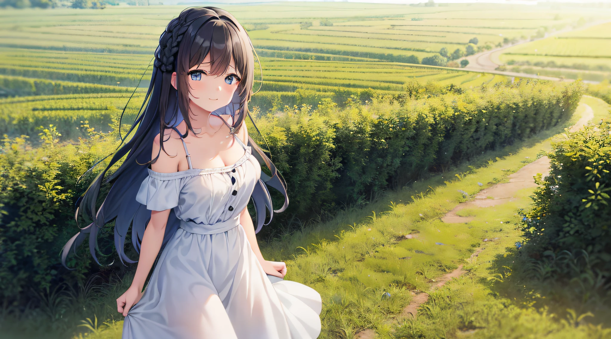 A girl with braids, dressed in an off-the-shoulder Sundress, stands in a rural field. She has a gentle smile, expressive eyes and sexy cleavage. In the background is a green rice field with a clear blue sky. Bask in warm golden time, soft depth of field and soft defocus to accentuate the tranquility of the countryside. Take this photo as if it were taken on vintage 35mm film to add charm and look at the viewer,