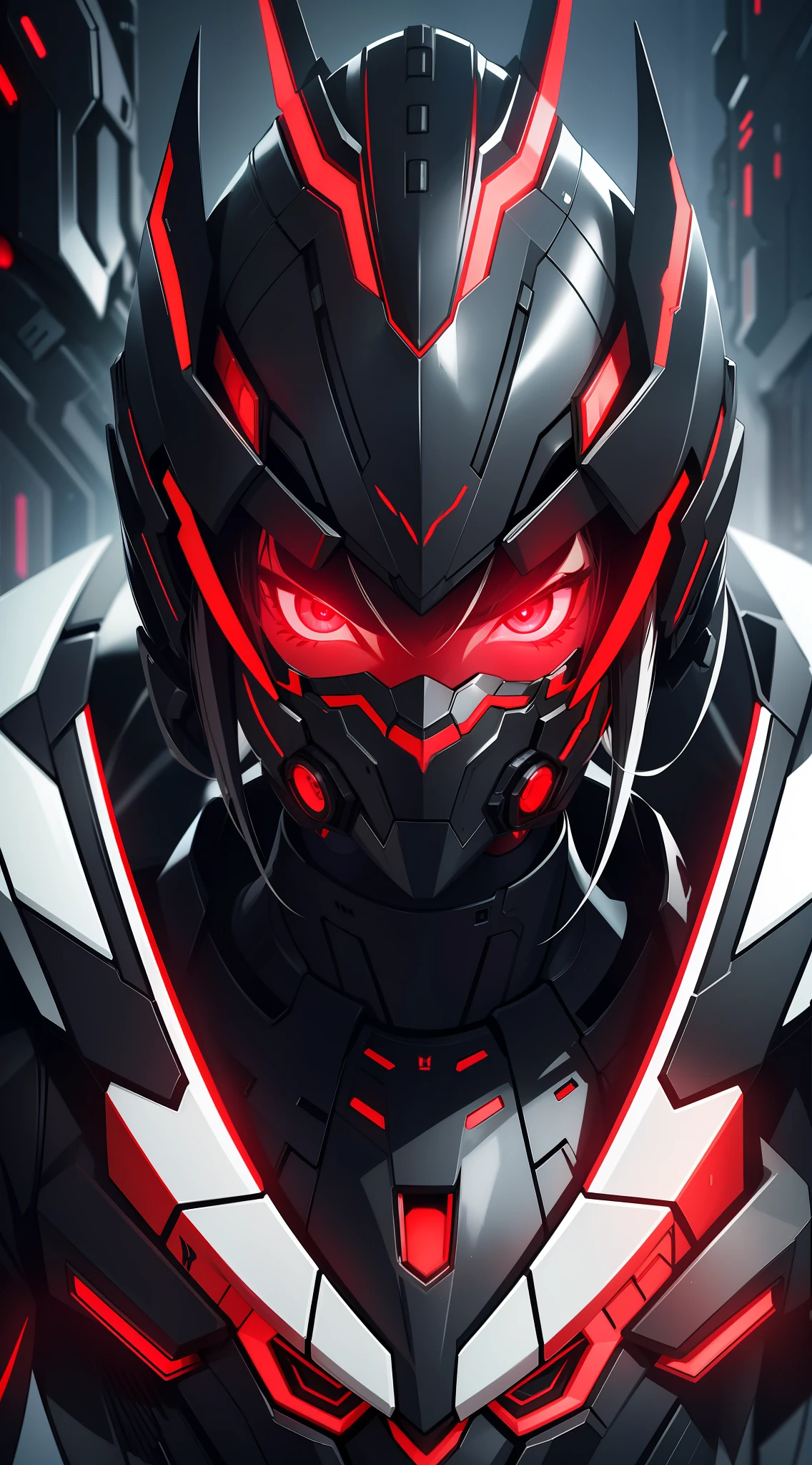 Stunning portrait image with a female character wearing futuristic high-tech armor. The armor is black in color and has bright red neon details that stand out in the darkness. The character wears a mecha-style helmet that covers her entire face, allowing only the view of her glowing eyes.