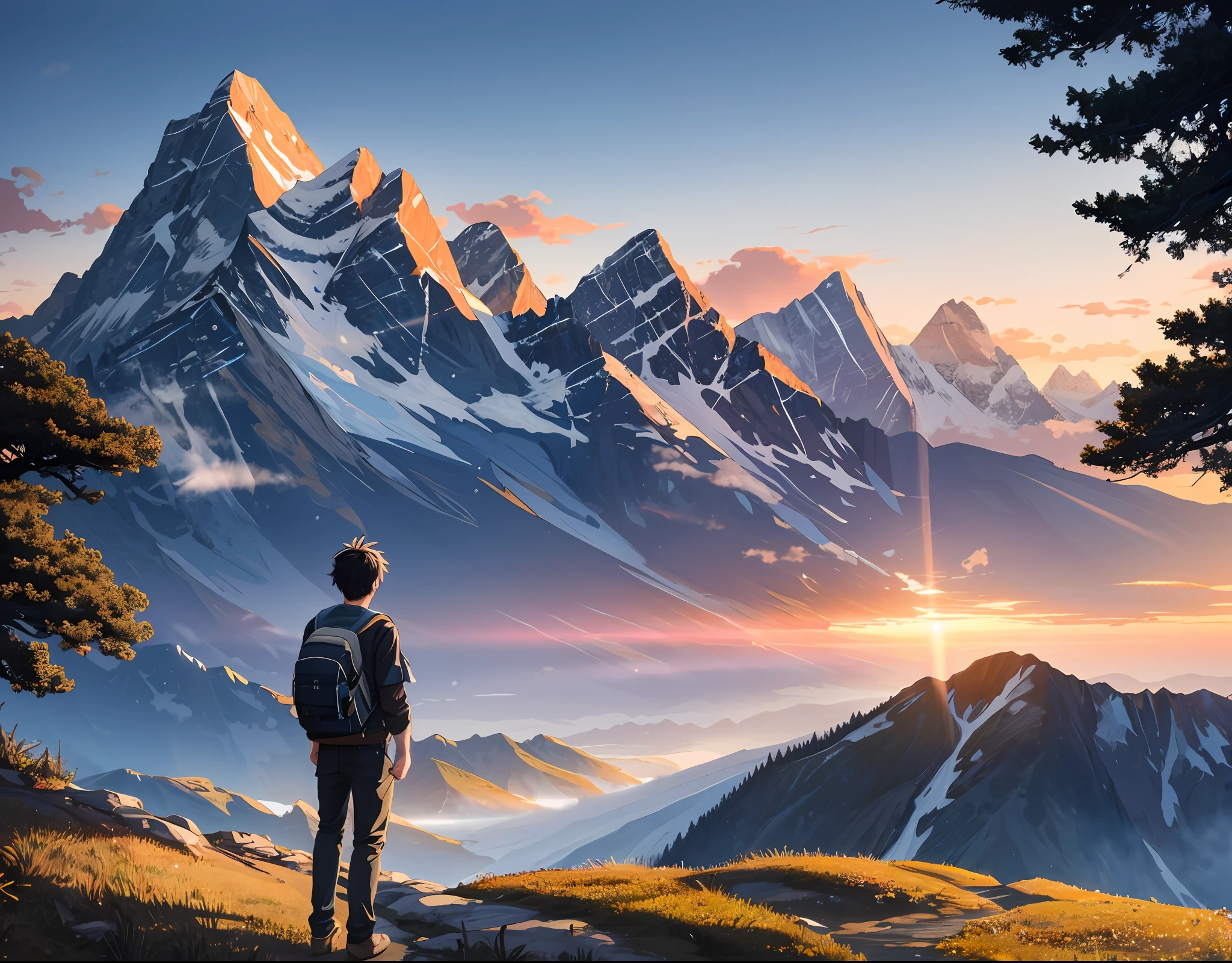 Masterpiece, best quality, 1 boy, solo, back, backpack, original clothes, sunset, tropic, glacier, alpine forest, mountainous horizon, sky, trees, warm lighting, hyperrealistic, detailed background, depth of field, rimlighting, specular highlights, bloom, atmospheric lighting, (WANDERER:1.2), SCARAMOUCHE (GENSHIN IMPACT),