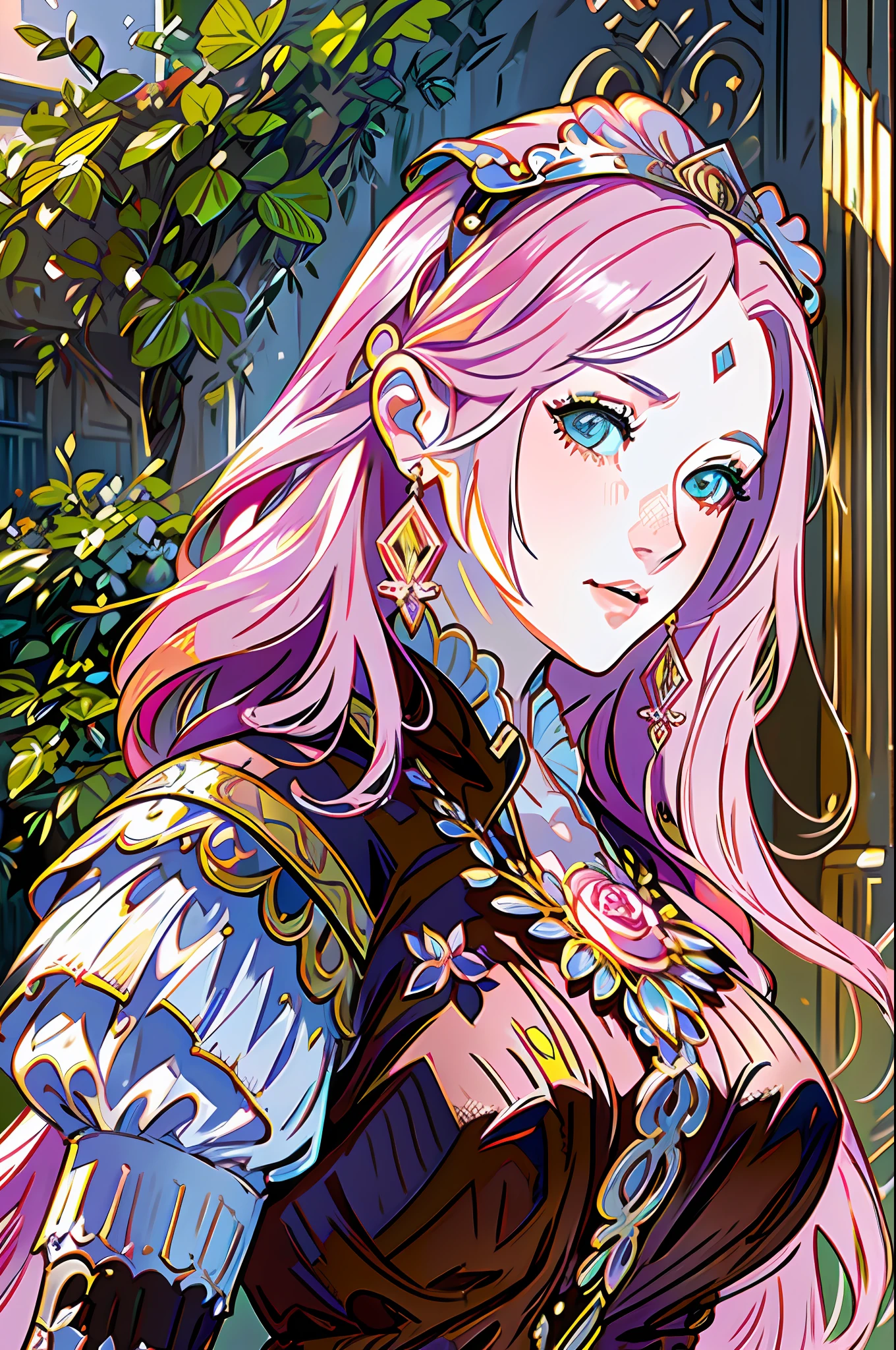 masterpiece, best quality, 1woman, mature, adult, different fashion, different color, finely detailed eyes and detailed face, intricate details, happy, fantasy, 18th-century European aristocratic style, noble, garden, baroque, woman with pink hair, delicate