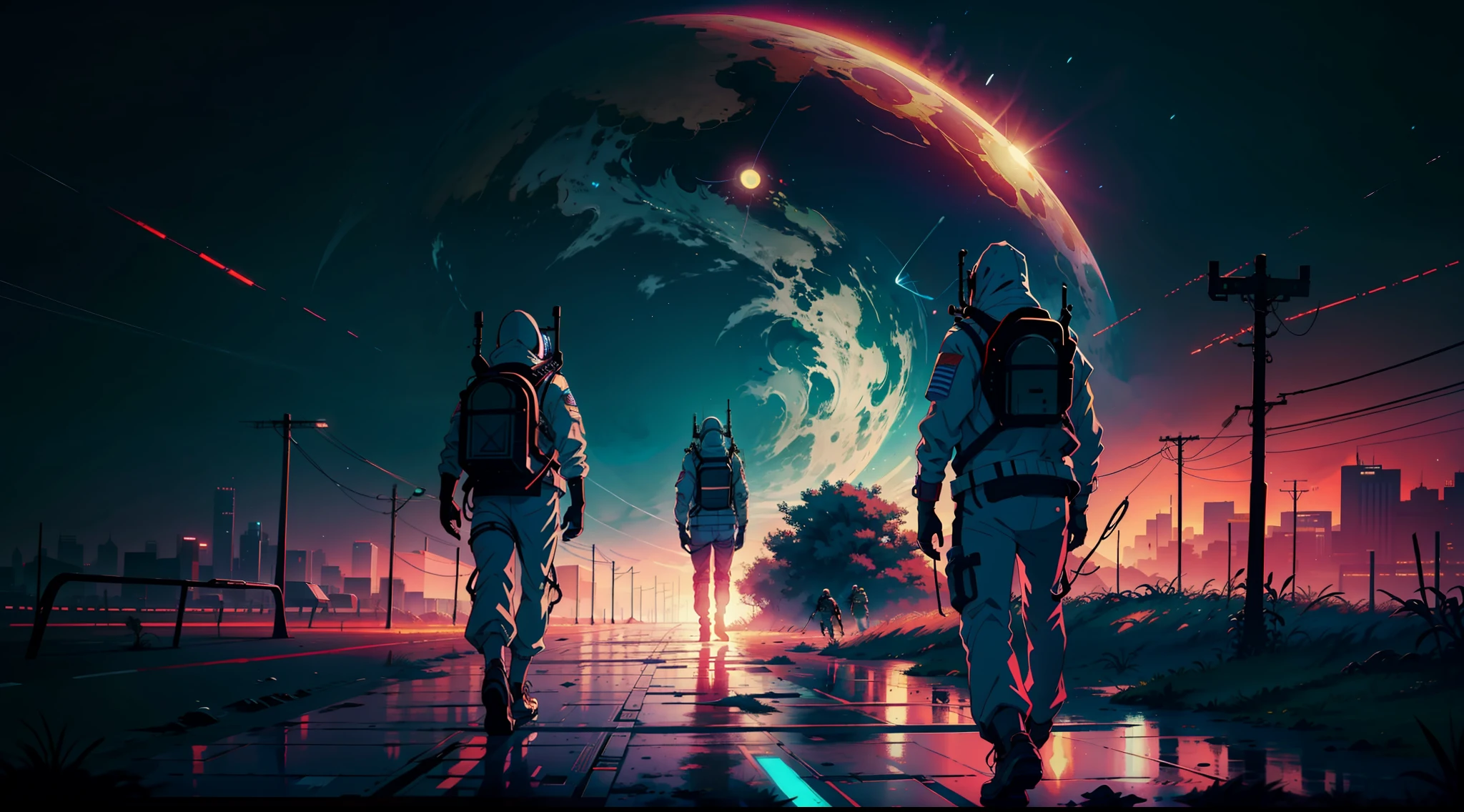 astronauts walking on a different planet,with amazing vegetation,tech city,deserted streets,apocalyptic scenery,retrowave image style