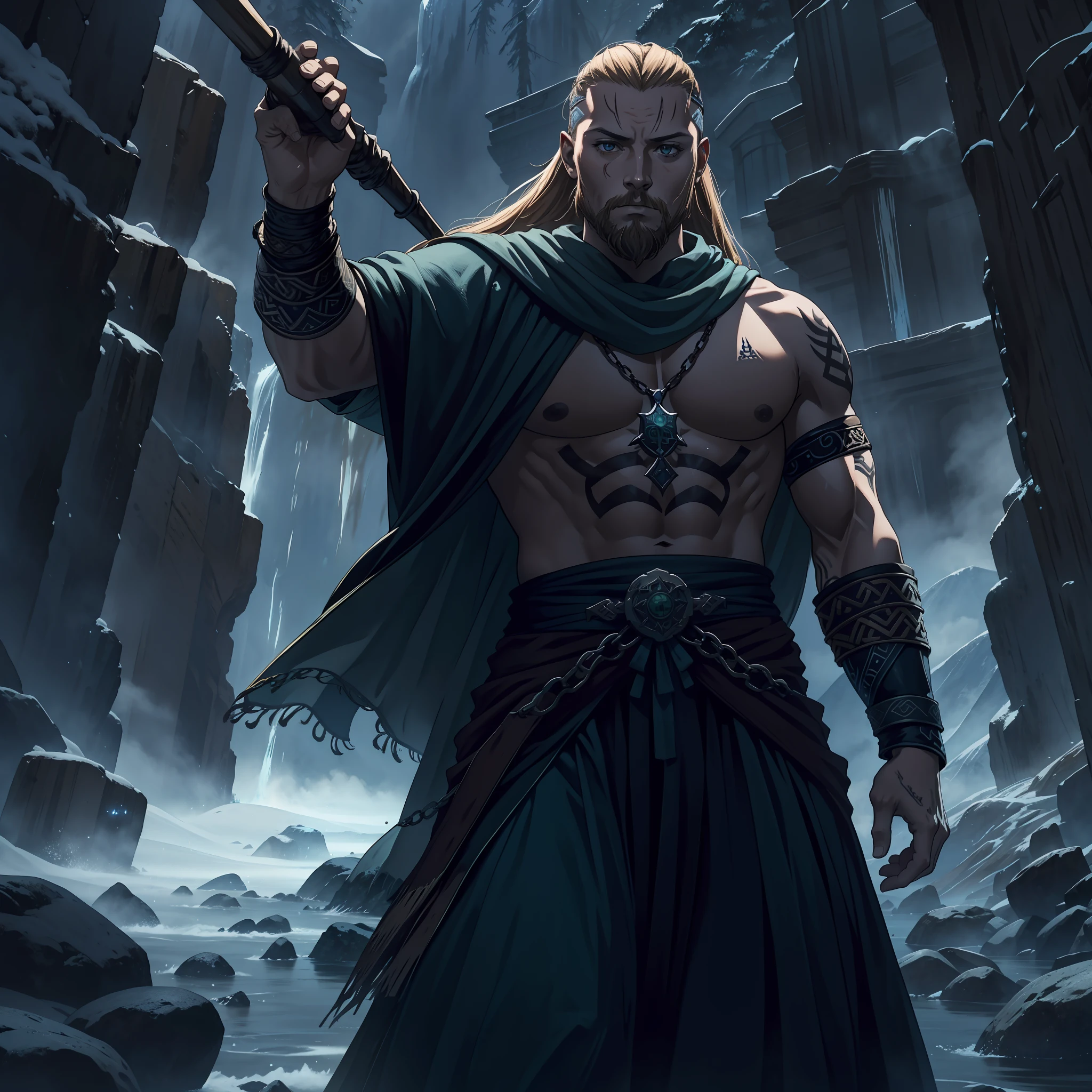 s physical characteristics:
- Altura: Ragnar is an extremely tall man, measuring about 2 meters and 10 centimeters, destacando-if in any crowd.
- Appearance: Ele tem cabelos escuros e densos, that cascade down to your shoulders. His eyes are intensely green, radiating determination and mystery.
- Traje: Ragnar wears chains tied around his arms, symbolizing their strength and endurance. Em suas costas, ele carrega um imponente machado viking, A weapon that demonstrates your connection to Nordic culture and traditions.
- Tatuagens: Ragnar's body is adorned with stripes of tattoos, that tell stories and symbols meaningful to him, Revealing their indigenous and Viking heritage.