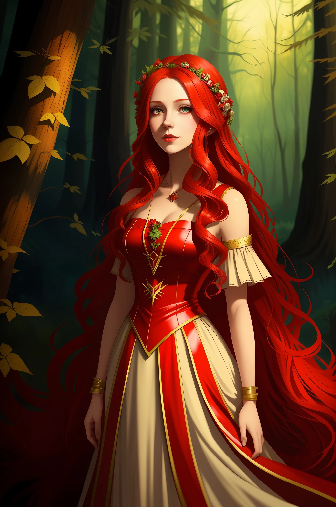 Red-haired woman in a red and white dress in a forest, fantasy art style, fantasy style art, epic fantasy art style, cute character painting, realistic fantasy illustration, behance fantasy art, beautiful digital illustration, epic fantasy digital art style, red haired goddess, loish and wlop, guweiz style art,  Beautiful fantasy art 8k full body