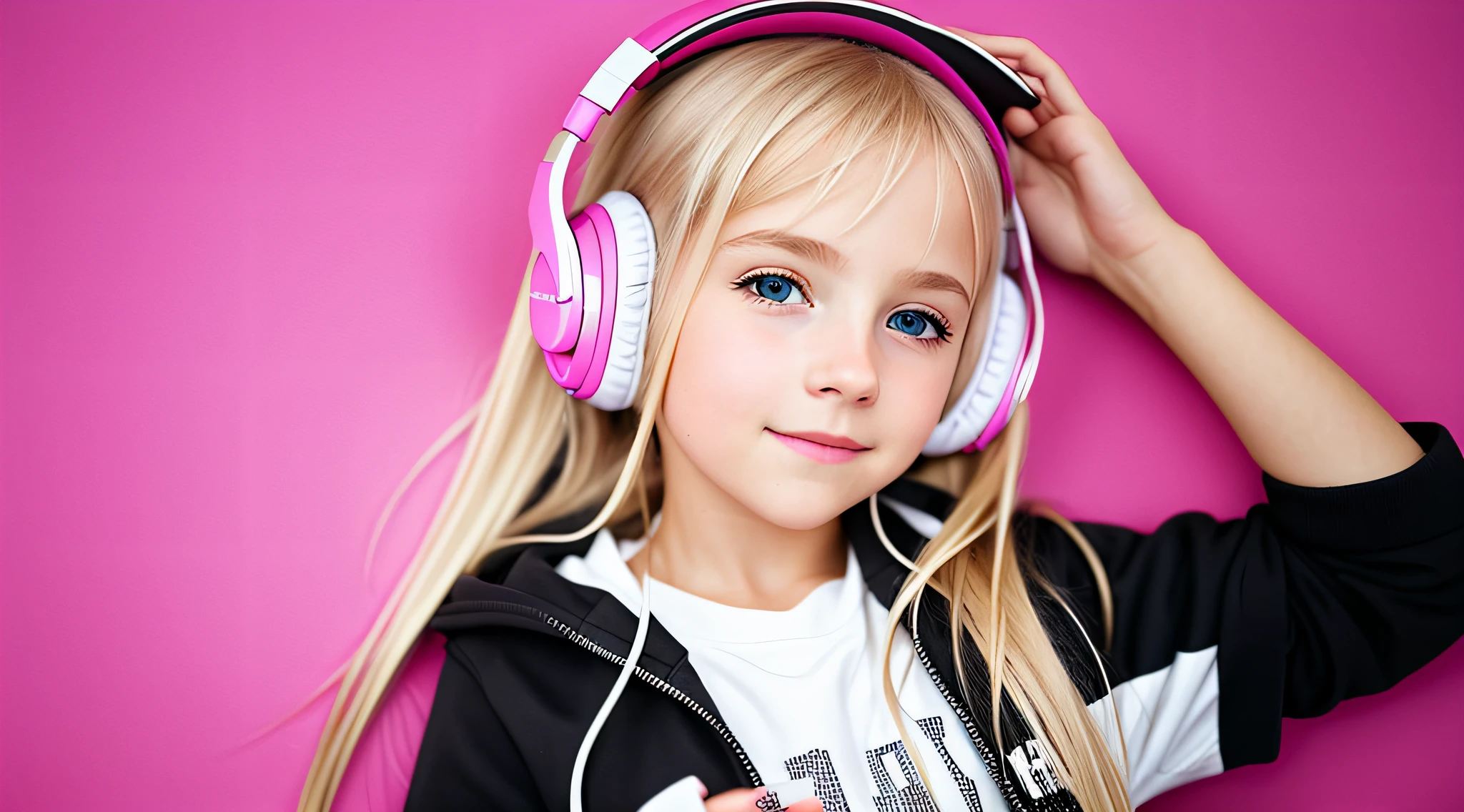 BLONDE girl, golden eyes, platinum haired girl, with headphones lying on a pink surface, listening to music, girl wearing headphones, pink headphones, wearing headphones, with headphones, headphones on, vibrating with music, wearing modern headphones, headphones, with headphones, wearing black headphones, headphones, listening to godly music, music being played, playing music, music in the air