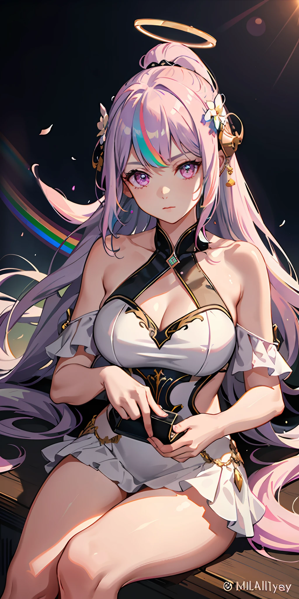 1 girl, bright, multicolored hair, ponytail, saleme, head mask, side light, light particles, wallpaper, big, plump, quiet, mature, sexy, (((disheveled hair)), (beautiful white young beautiful girl), purple hair, pink eyes, beautiful eyes, hair between eyes, asymmetrical bangs, hair behind the ears, hair above one eyebrow, delicate facial features, (delicate and beautiful)), (fantasy), (( rainbow)), (liquid), best shadows, lens flares, pastel colors, masterpieces, high quality, high resolution, only child, halo, bangs, long hair, hair flowers, idols, swimsuits, hair ornaments, solo, close-up,