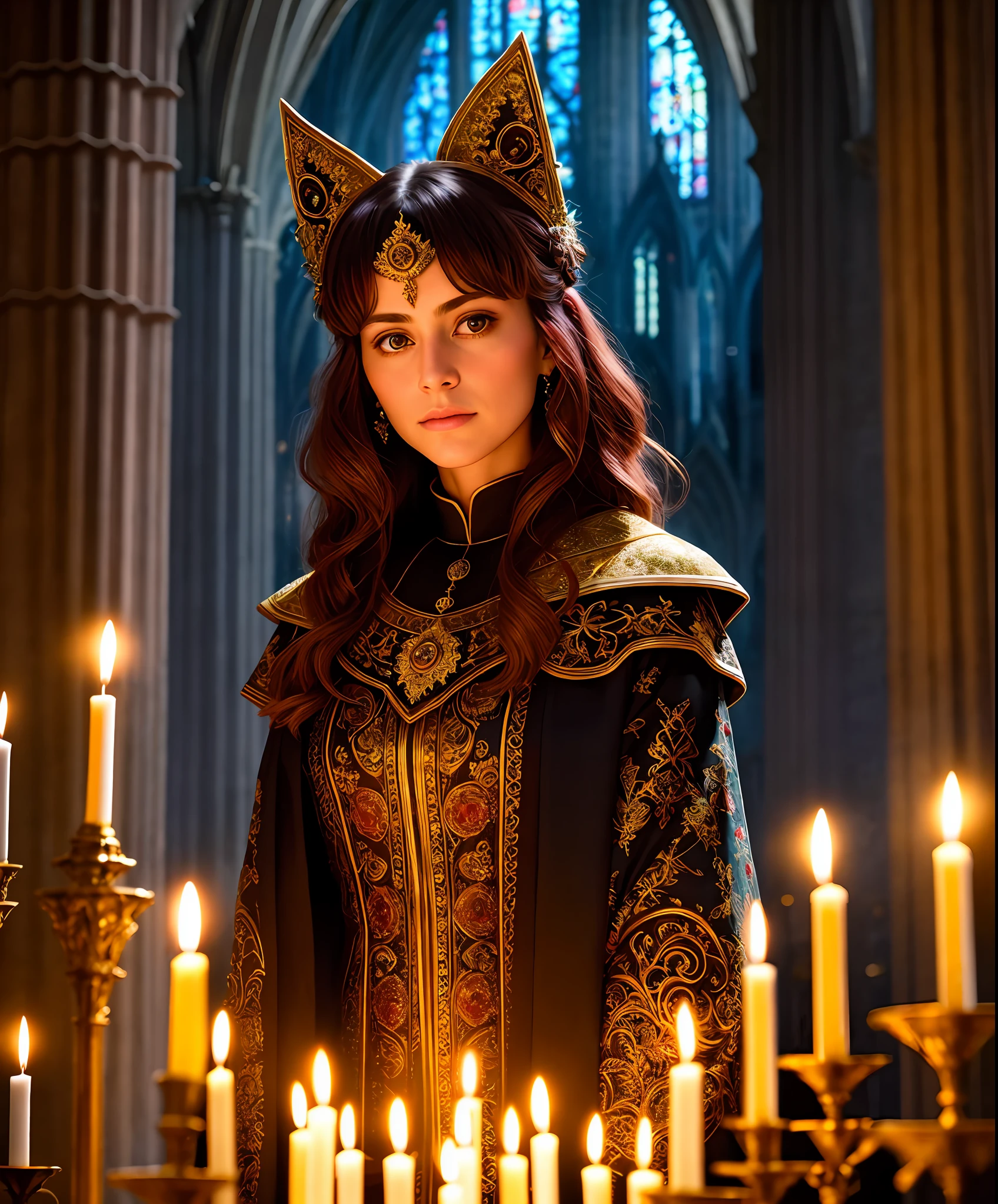 A stunning intricate color portrait of 30 years [anad|cm550|4lexb0tez|kdlt0r0],
epic composition of characters,
[style-woman, wolf ears, golden eyes:style-sylvamagic:0.2],
in a dark cathedral with candles,
sharp focus, natural lighting, subsurface scattering, f2, 35mm, film grain