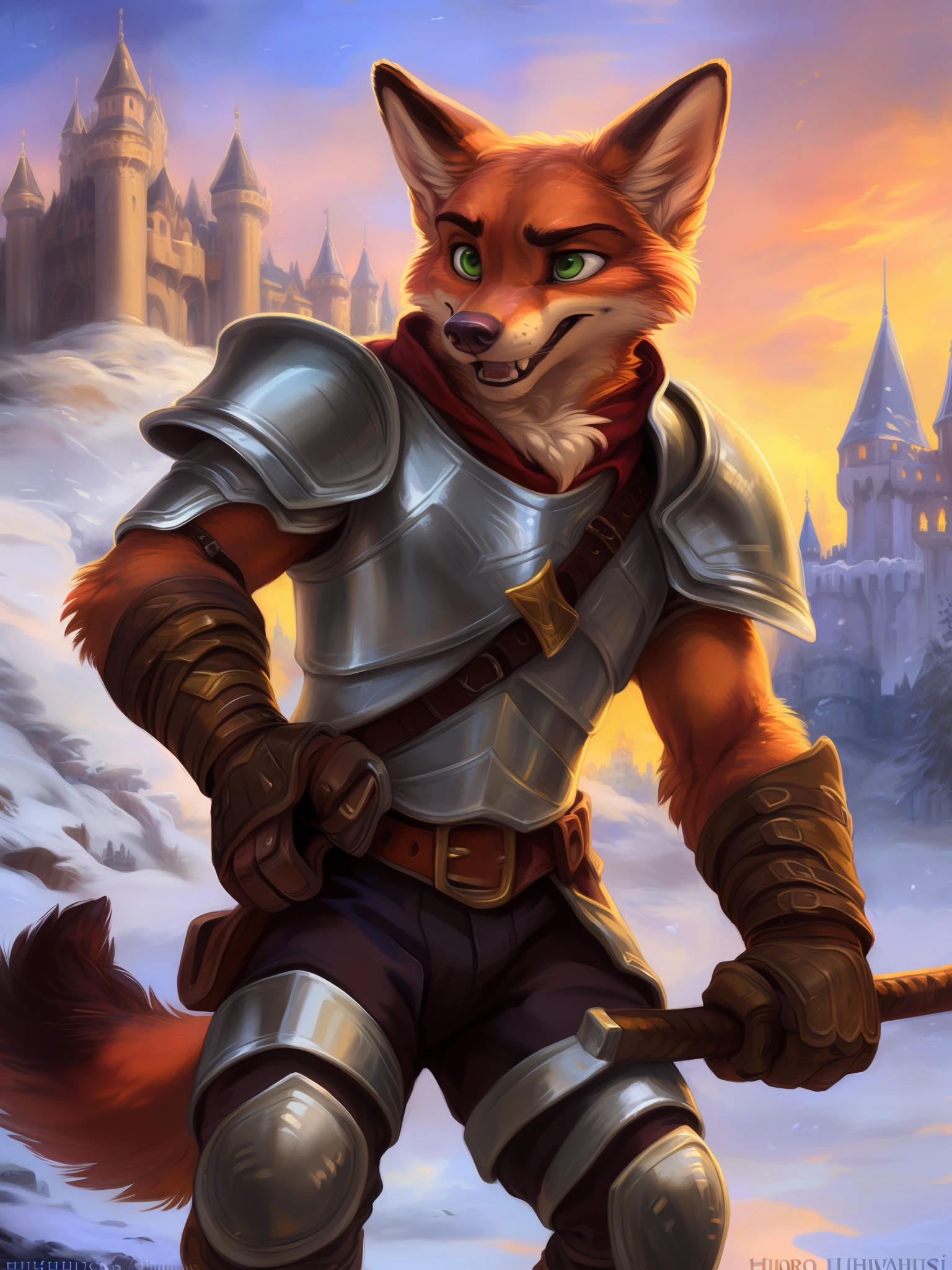 (8k, best quality, masterpiece), (by hioshiru and kenket and dimwitdog, Michael & Zaush, Inessa Garmash, Ruan Jia, Pino Daeni, Chunie), Nick Wilde as a paladin with the hammer, plate armor, young adult, green eyes, angry expression, looks menacing, dramatic, cinematic lighting, trending on artstation, (muscular:0.7), solo, alone, winter castle on the background