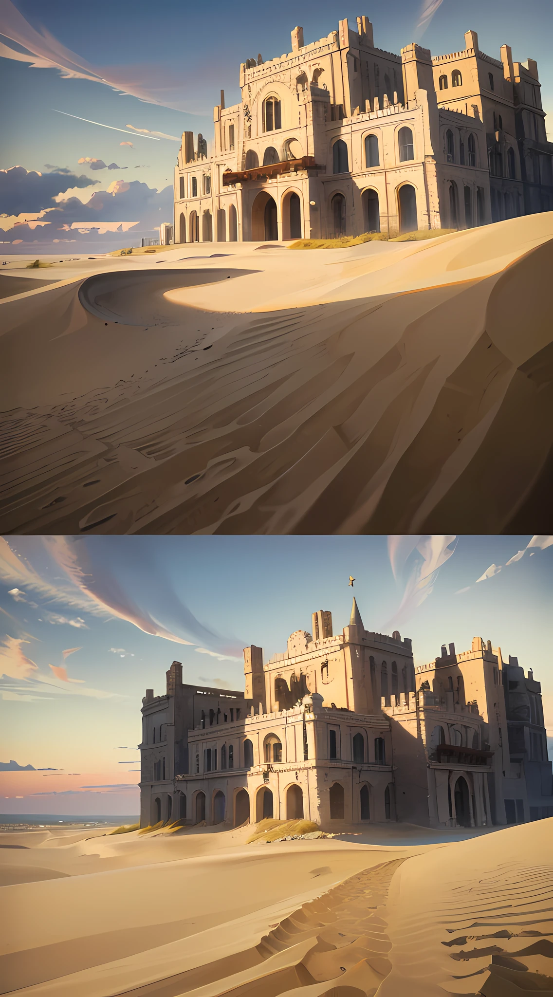 Create a cinematic 9:16 visual composition that highlights the sand dunes advancing over the ghost town of Kolmanskop. Use low angles to capture the grandeur of the dunes in contrast to the buried structures. Add characters with perfect bodies and faces, dressed in period clothes, exploring the sand-covered streets and taking on the challenge of the dunes on your way. Convey the feeling of a battle between nature and the preservation of the abandoned city. --auto --s2