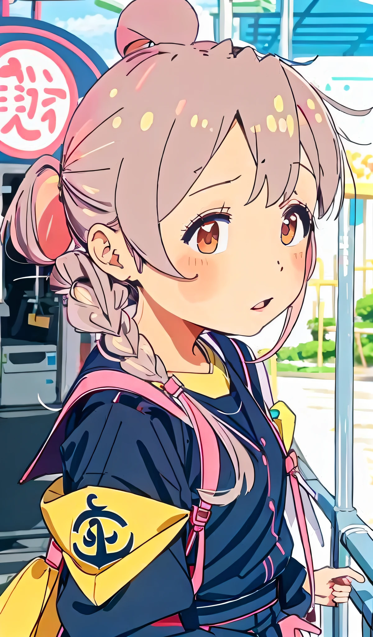 girl, Japan uniform, (sailor suit), amusement park, cute hairstyle, shoulder look in close-up from the side, shoulder close up