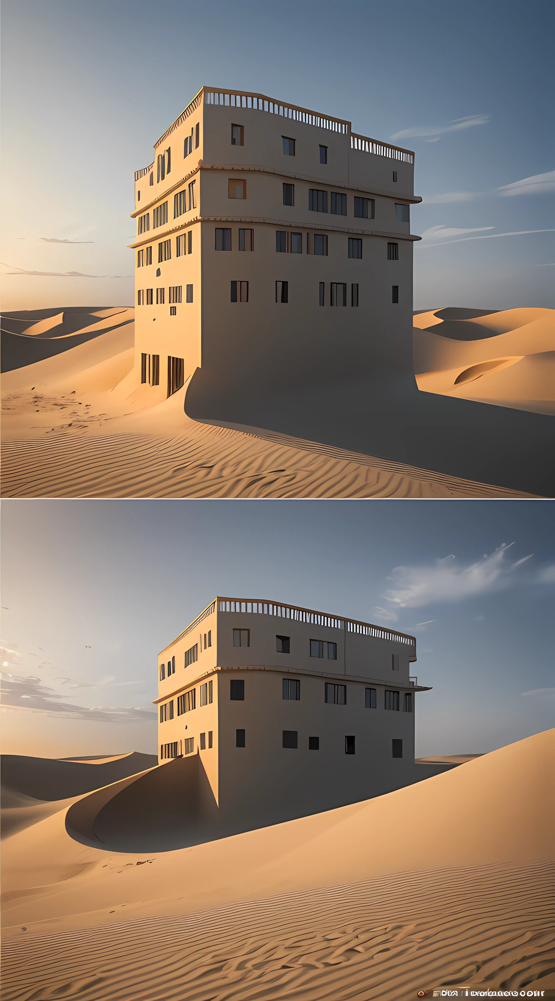 Generate an 8K artist's rendering that shows the ghost town of Kolmanskop being gradually swallowed up by the sand dunes. Use artificial intelligence techniques to create the realistic transition between sand and architectural structures. Add characters with perfect bodies and faces, dressed in period clothes, trying to adapt to the new reality and exploring the streets obstructed by the dunes. Convey the sense of desolation and renewal of nature through engaging and visually impactful art. --auto --s2