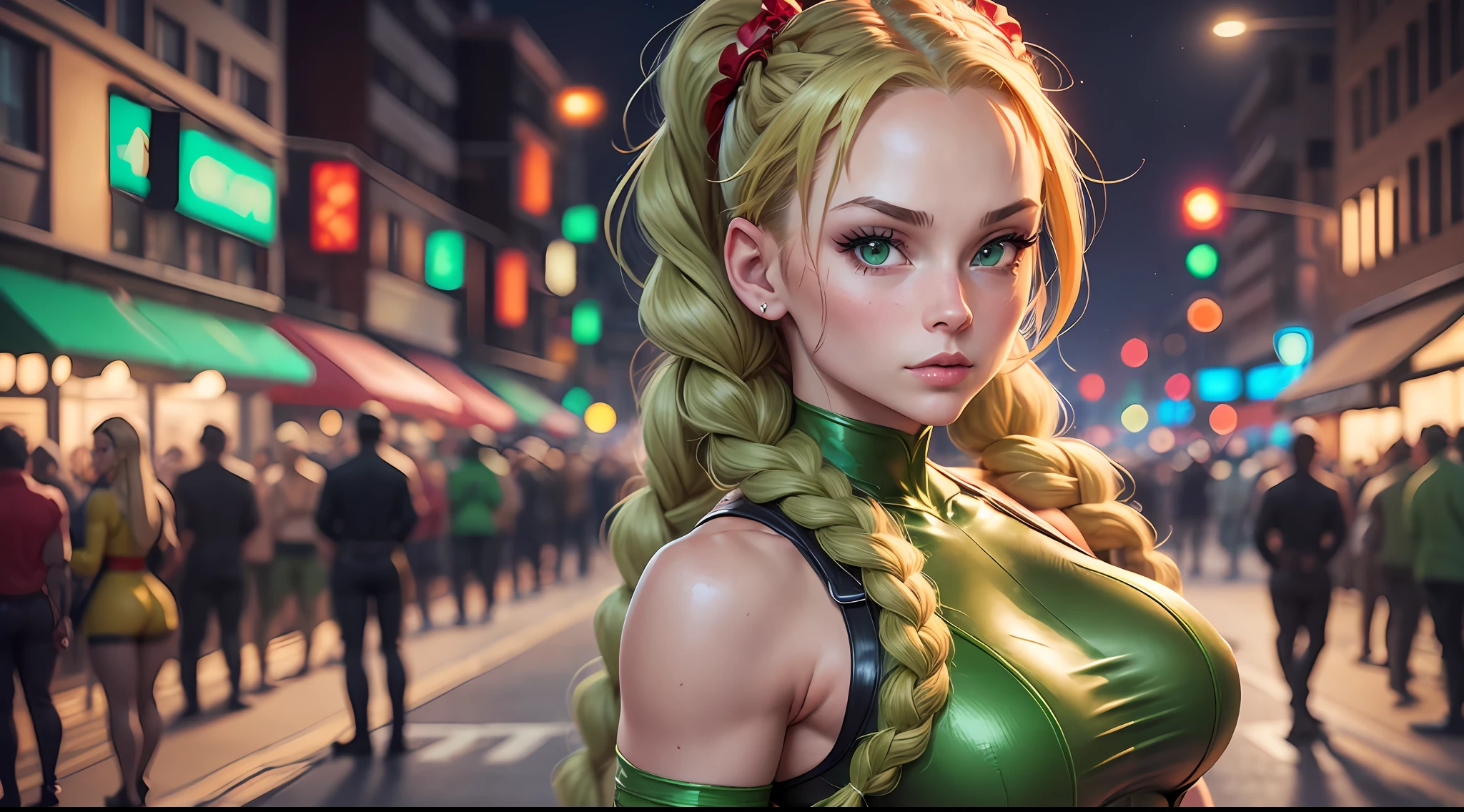 1 girl, caucasian, ((detailed face)), milf cammy from street fighter wear (green leotard), two braided braids, night street background, (arms behind back), (red gloves), (stands straight), looking at camera --auto --s2