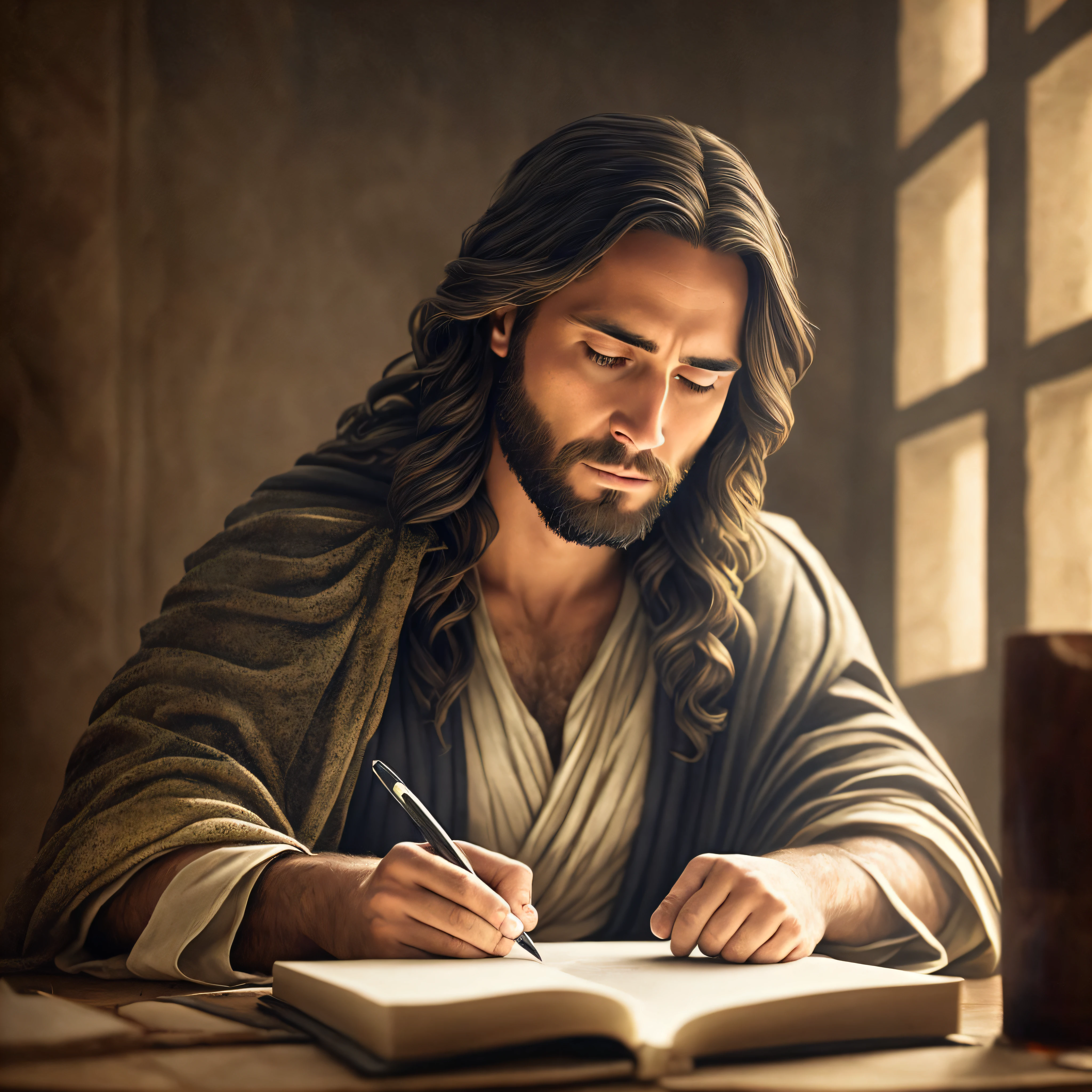 JESUS CHRIST writing the biblical dark photo: realistic epic, soft cinematic portrait, adobe lightroom, photographic lab, highly detailed, faded, art by greg rutkowski and artgerm ,neutral colors: 1,2), (hdr:1,4) , (soft colors:1.2), hyperdetailed, (artstation:1.4), cinematic, warm lights, dramatic light, (intricate details:1.1), complex background, (rutkowski:0.66), (blue and orange:0.4) --auto --s2