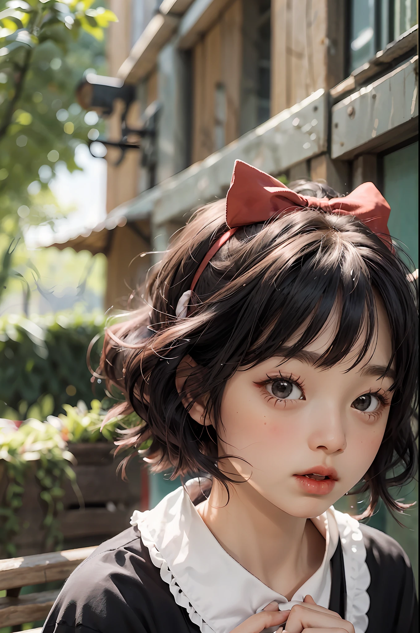 ghibli style, kiki \(majo no takkyuubin\), 1girl, :o, bangs, black eyes, black hair, black shirt, blush, bow, bow hairband, collarbone, day, fingernails, food, fruit, hair bow, hairband, holding, holding food, holding fruit, looking at viewer, open mouth, outdoors, red bow, red hairband, shirt, short hair, solo, strawberry, sunlight, upper body, water drop , ((masterpiece))