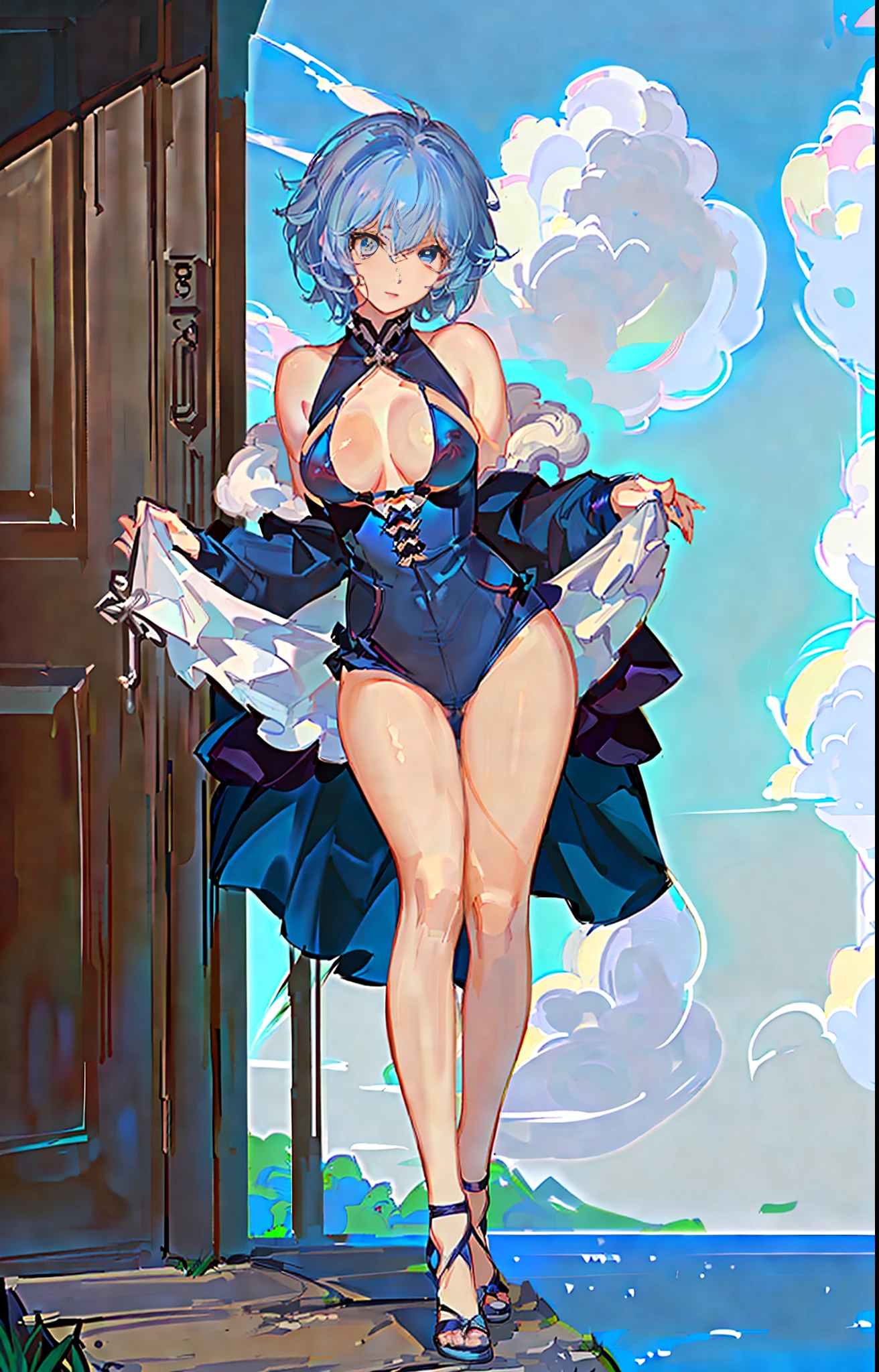 1080p, detailed, designed, curly sideburns, blue hair, fluffy hair, short hair, ((anime)), sexy, curly short hair
, elegant, blue, denim blue, white and blue, swimsuit, (adult female), (anime), ((two-dimensional style)), anime shoujo, lively, three views, set set, absolute field, bare thigh, seductive