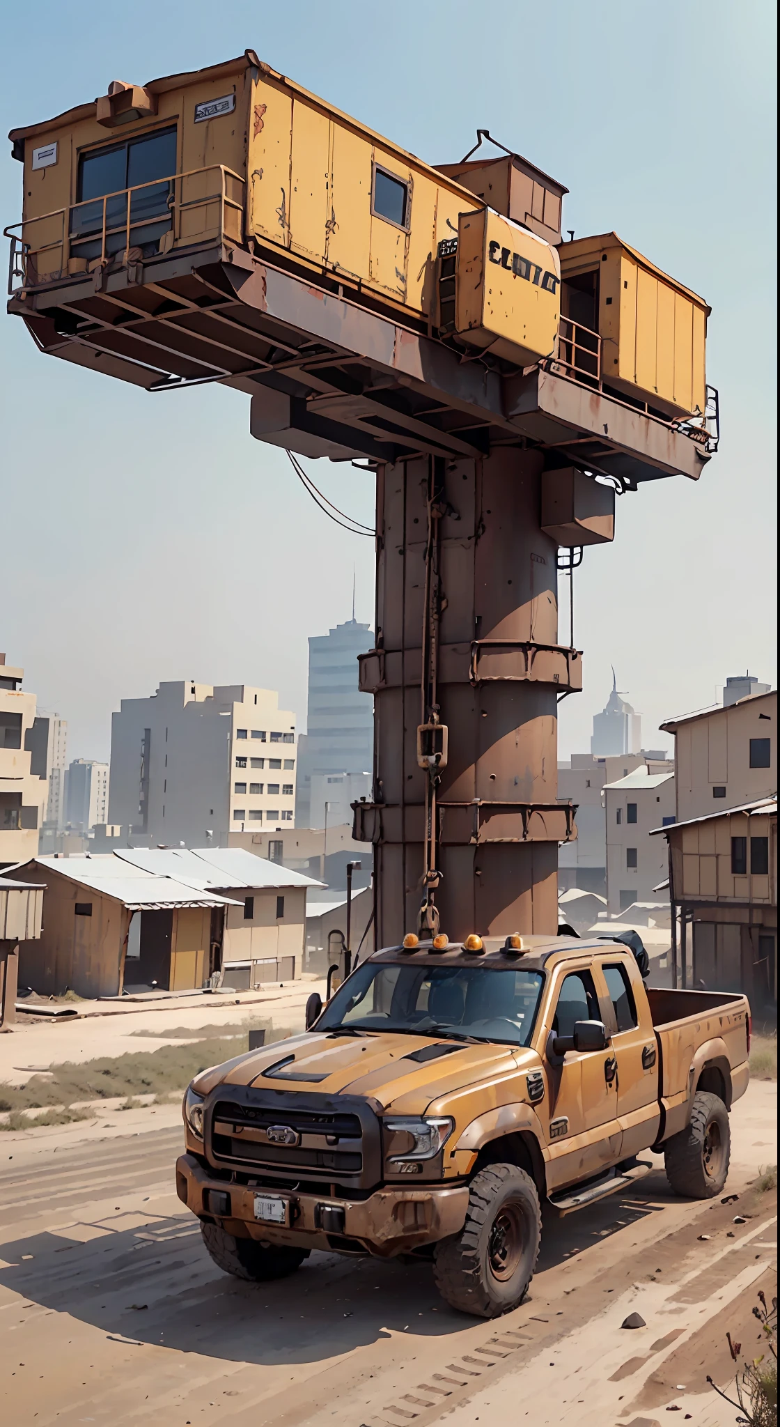 A rusty bucket truck, brown in color and with yellowish headlights, a large rectangular body, with an upper part that can be lifted to load and unload objects, cabin is small and stands in an elevated position, allowing a good view of the surrounding environment, Dubai, United Arab Emirates