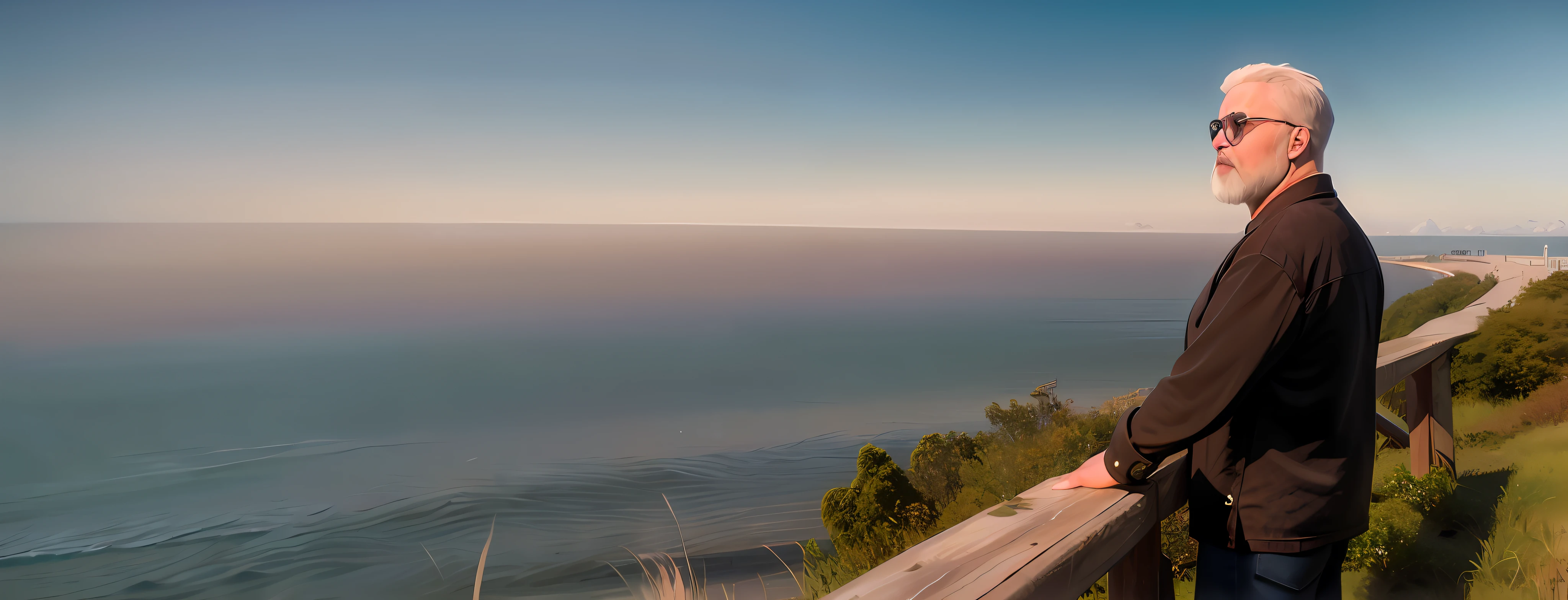 there is a man standing on a wooden railing overlooking the ocean, looking out over the sea, panoramic view of girl, overlooking the ocean, chill time. good view, fading off to the horizon, ghost giant above the horizon, looking out at a pink ocean, in the bottom there a lot of fog, gazing off into the horizon, looking out at the ocean