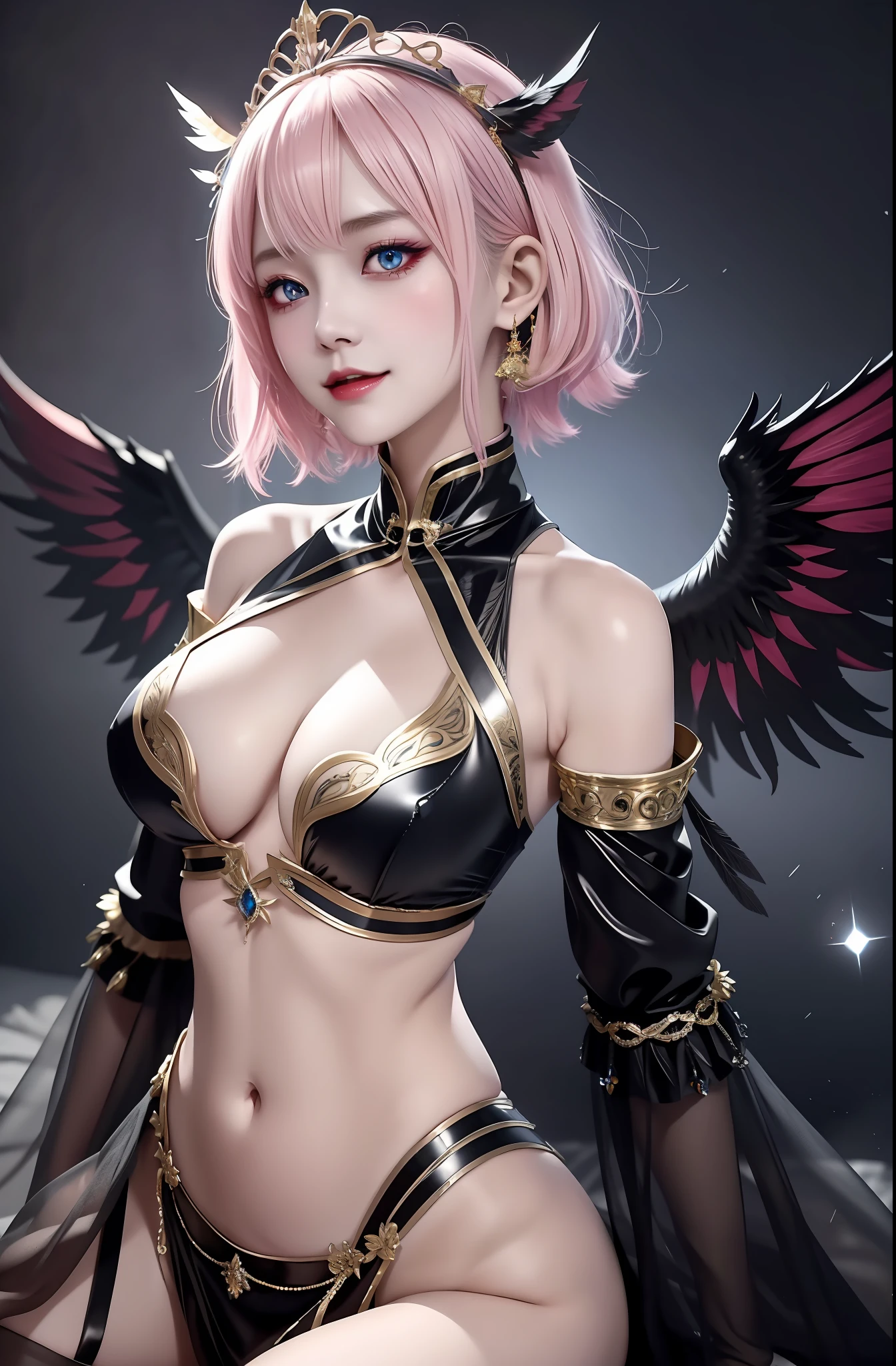 Masterpiece, top quality, pink hair, blue lightning, realistic, realistic details, high detail. Blue clothes. Blue Thunder. Blue crystal. Black suspended particles. Black smoke. Black crystals around. Black smoke wafts around. Warping the body. Warping the body. Horn. Darkness. Ochi Yami Yugi. Laugh. Very short. Boyish. Short hair. Short hair.
1 girl, beauty, , fine skin, anicos_No one,, navel, detached sleeves, bare shoulders, center opening, cleavage between breasts, middle breast, long feather hair clip, blue hair ornament, thigh height,watch viewer,isekai, ochi yami play. Temptation. Brainkill. Tattoo. Demon Tail. Gold pattern at chest. Luminescent tattoo. Luminescent tattoo. Devil's wings. Black and gold tiara. Tiara. Complex and luxurious tiara. Smile. Luminescent blades.