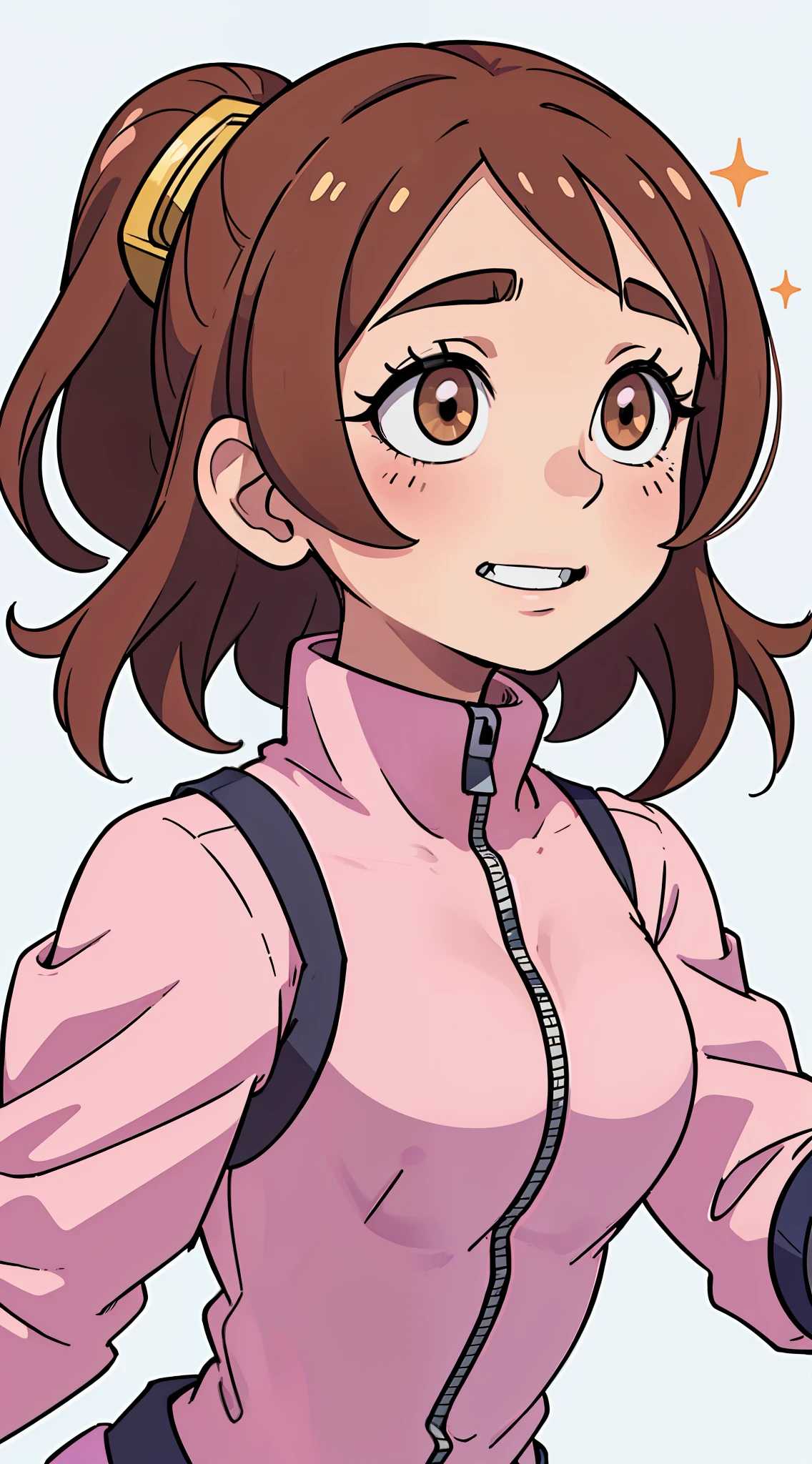 An amazing digital image of Uraraka Ochaco, one of the main characters of the anime My Hero Academia. The portrait shows Uraraka looking directly into the camera, with a tender smile on his lips. Her large brown eyes sparkle with joy and her short brown hair is combed to the side. She wears her heroine uniform, which is made up of a pink-hued jumpsuit. She places her hands on her chest, demonstrating a confident and at the same time calm attitude. The background of the image is a smooth white wall, which creates a perfect contrast with the vibrant colors of Uraraka's uniform. The image is super detailed and in high resolution, with an incredible quality that shows every detail of Uraraka's uniform and face. This image is perfect for anyone who is a fan of the My Hero Academia anime and wants a stunning digital artwork as wallpaper on their phone.