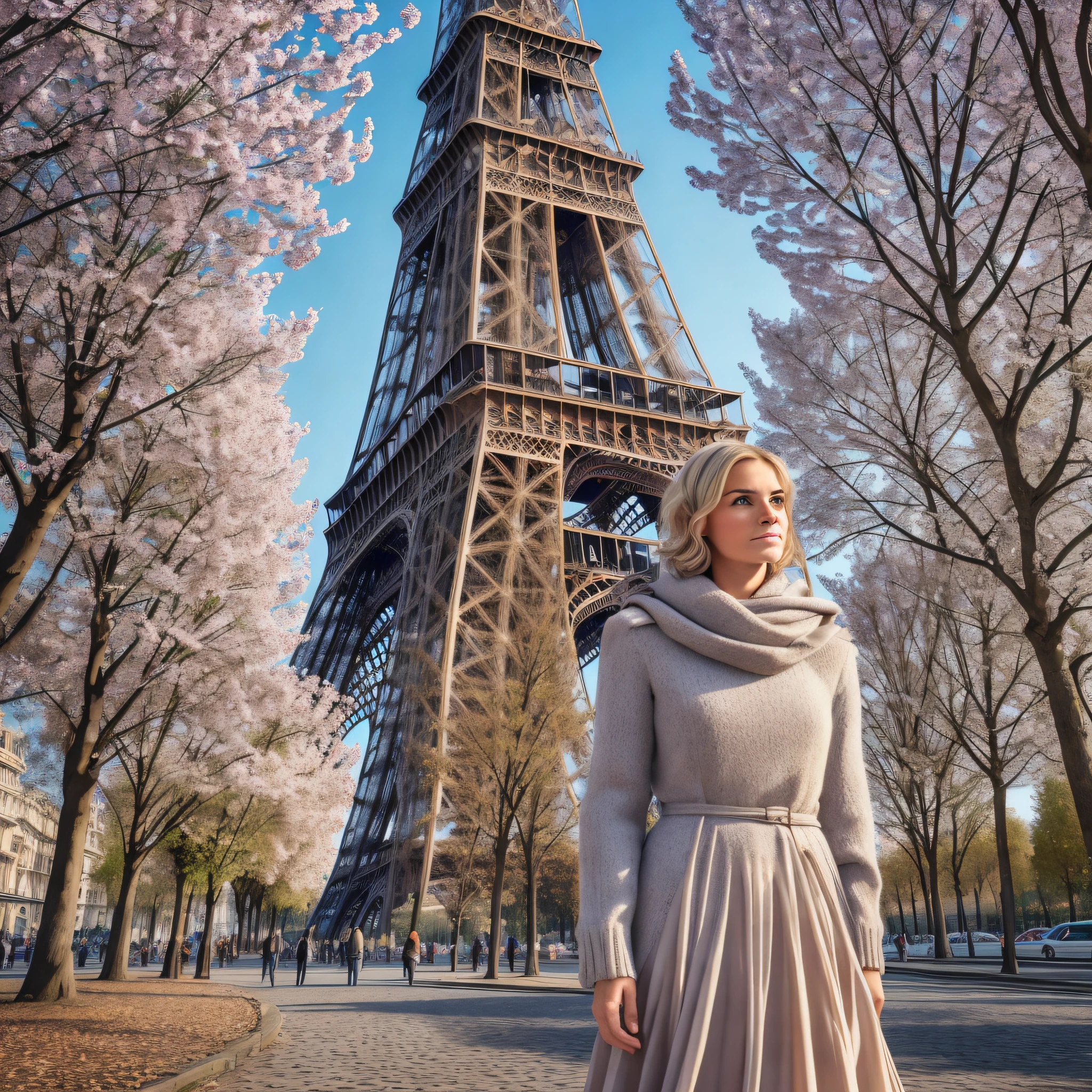 It creates an image of a 40-year-old woman in Paris with a landscape of the Eiffel tower, beautiful trees and beautiful flowers. The woman is elegantly dressed in cold attire, has short, blonde hair. --auto --s2