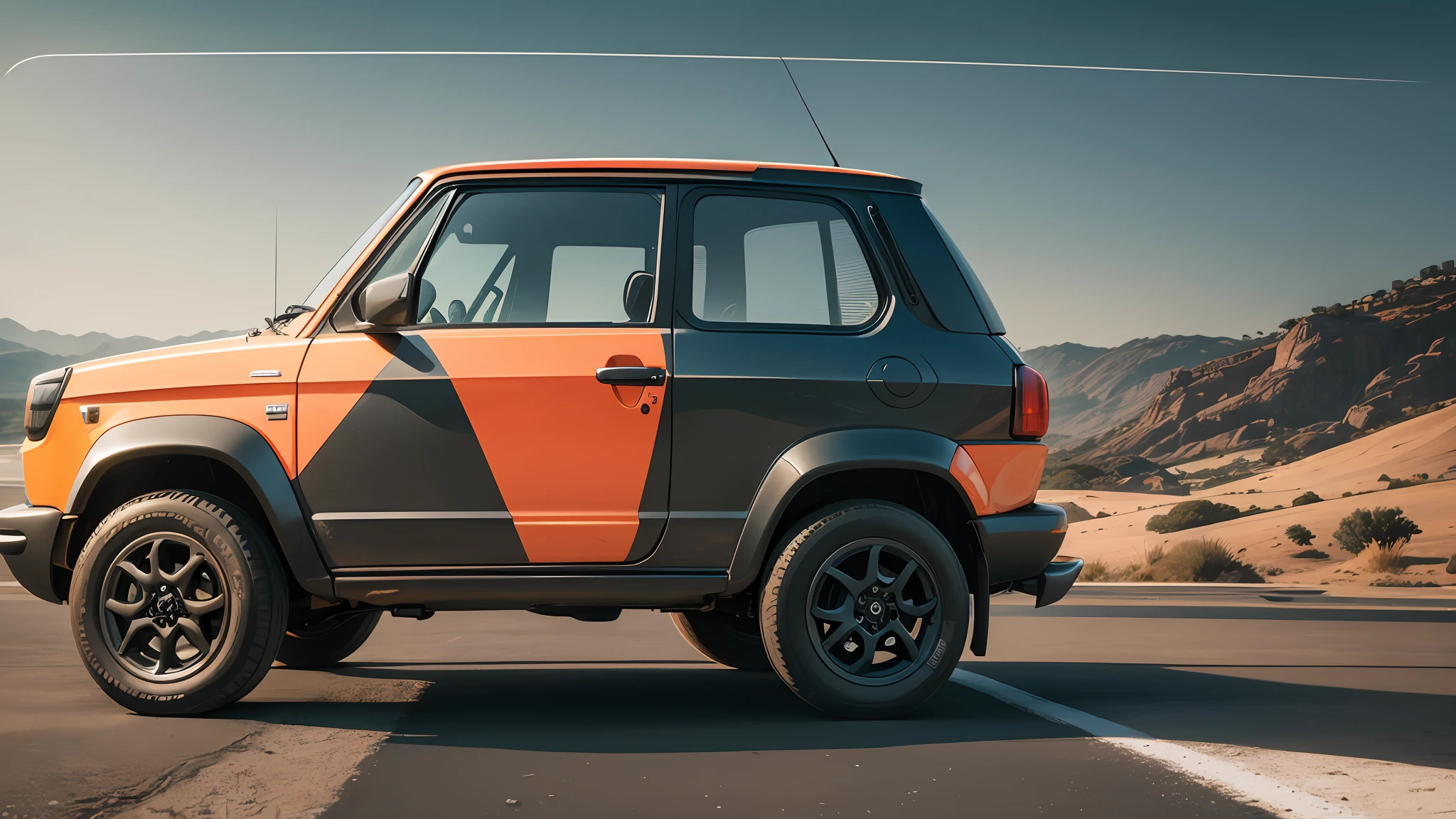 car similar to Fiat Uno Mille Brazilian, compact car (hatch), on top of asphalt, in the background a beautiful landscape, cinema lighting, car promotion photo, popular car, modern car (2022), realistic photo, realism, metallic paint, photo showing complete car, basic car, cheap car, economy car, small car, 4 door car, iron wheel, square lines,  Brazil --auto --s2