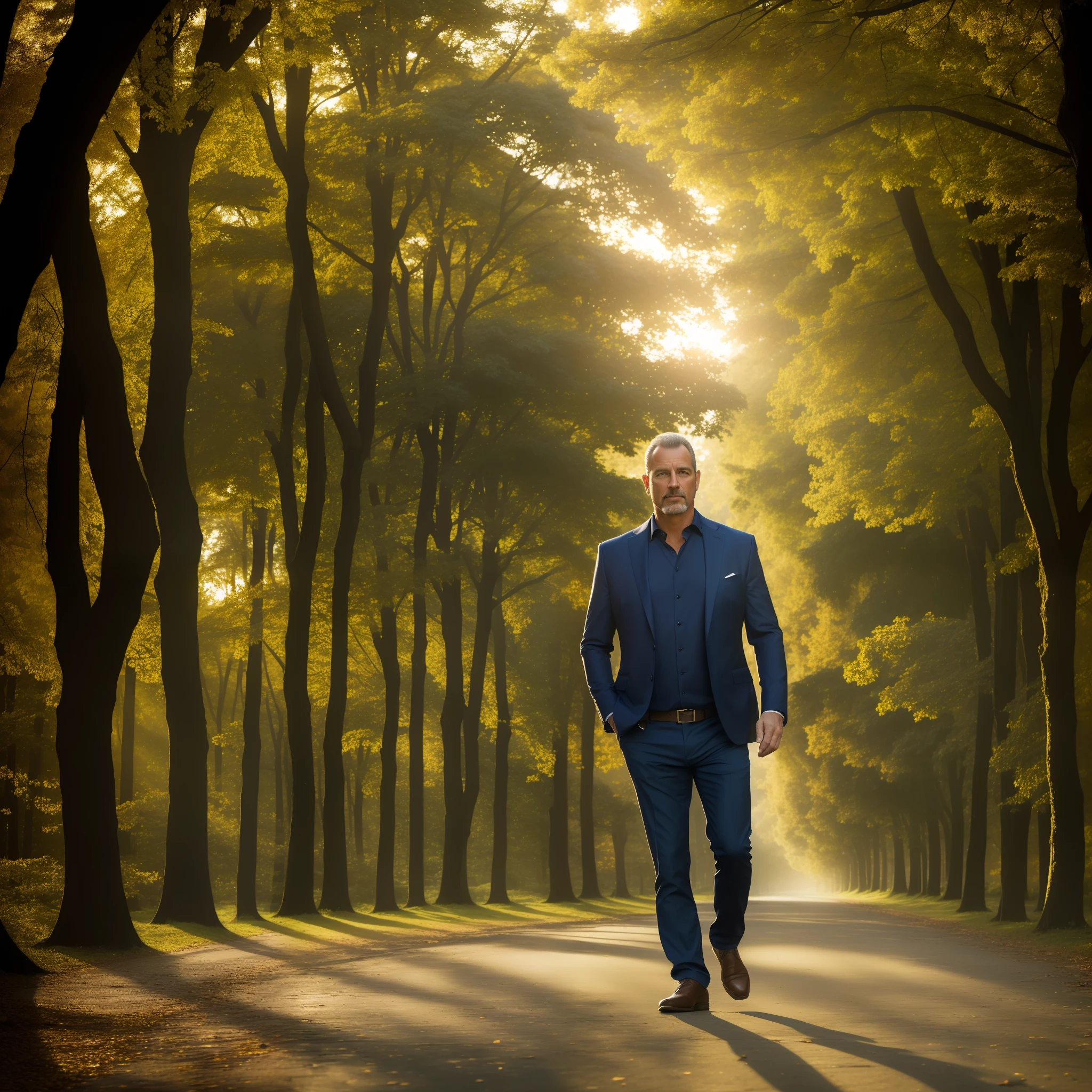 (8k, 4k, best quality, highres, ultra high res:1.1), beautiful landscape and man strolling (detailed face), (wooded city), healthy environment, (healthy 40 year old person) (beautiful man: 1.2) intricate elegant, detailed, gradient lighting