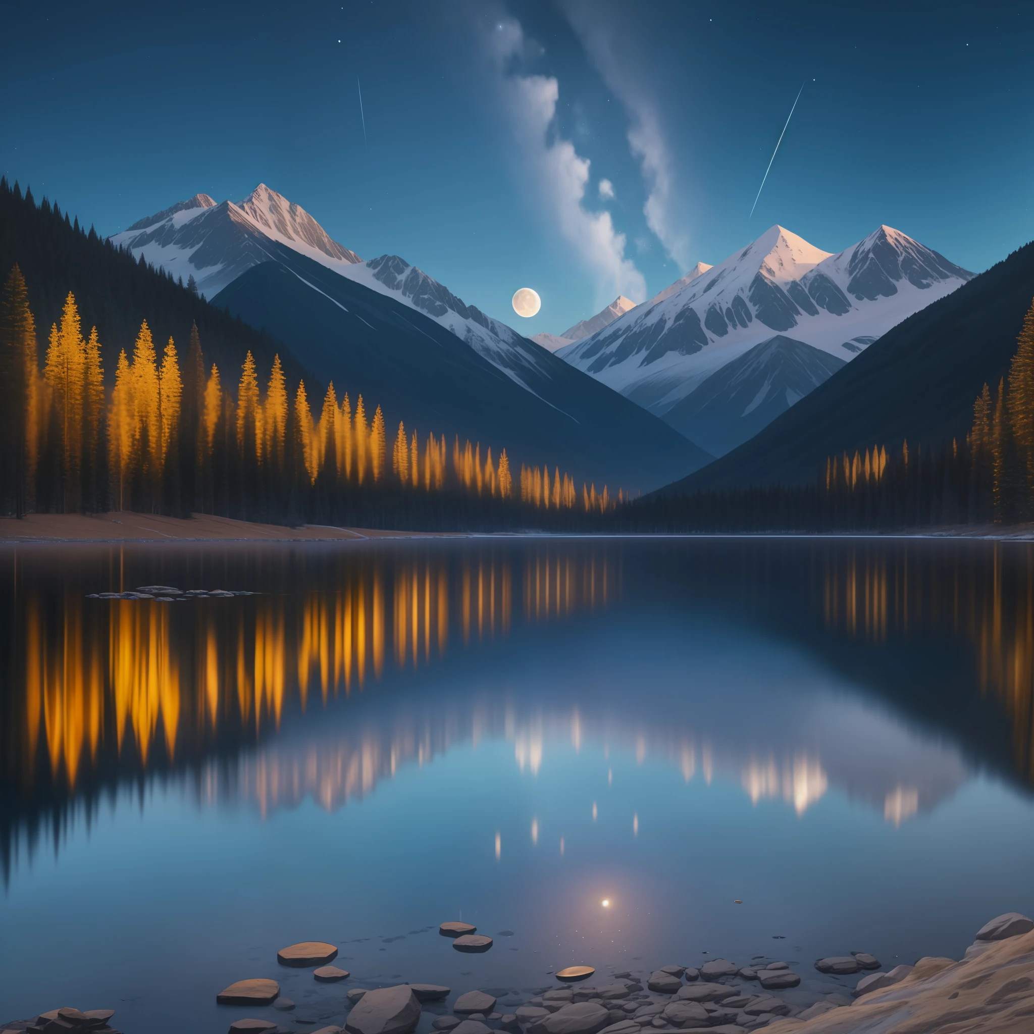 Very starry night. A giant moon behind the mountains. A tranquil lake reflecting the night. Realistic scene, detailed, photorealism, 8k. With anaconda jumping on the lake --auto --s2