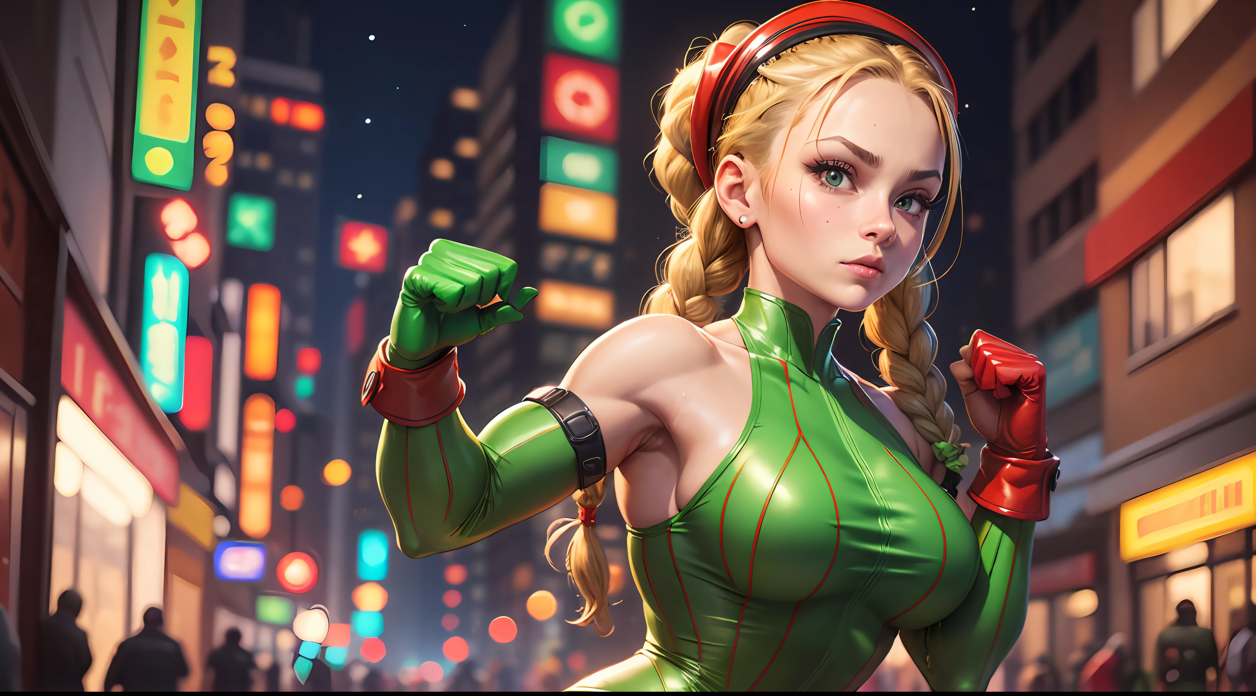 1 girl, caucasian, ((detailed face)), milf cammy from street fighter wear (green leotard), two braided braids, night street background, (arms behind back), (red gloves), (stands straight), looking at camera --auto --s2