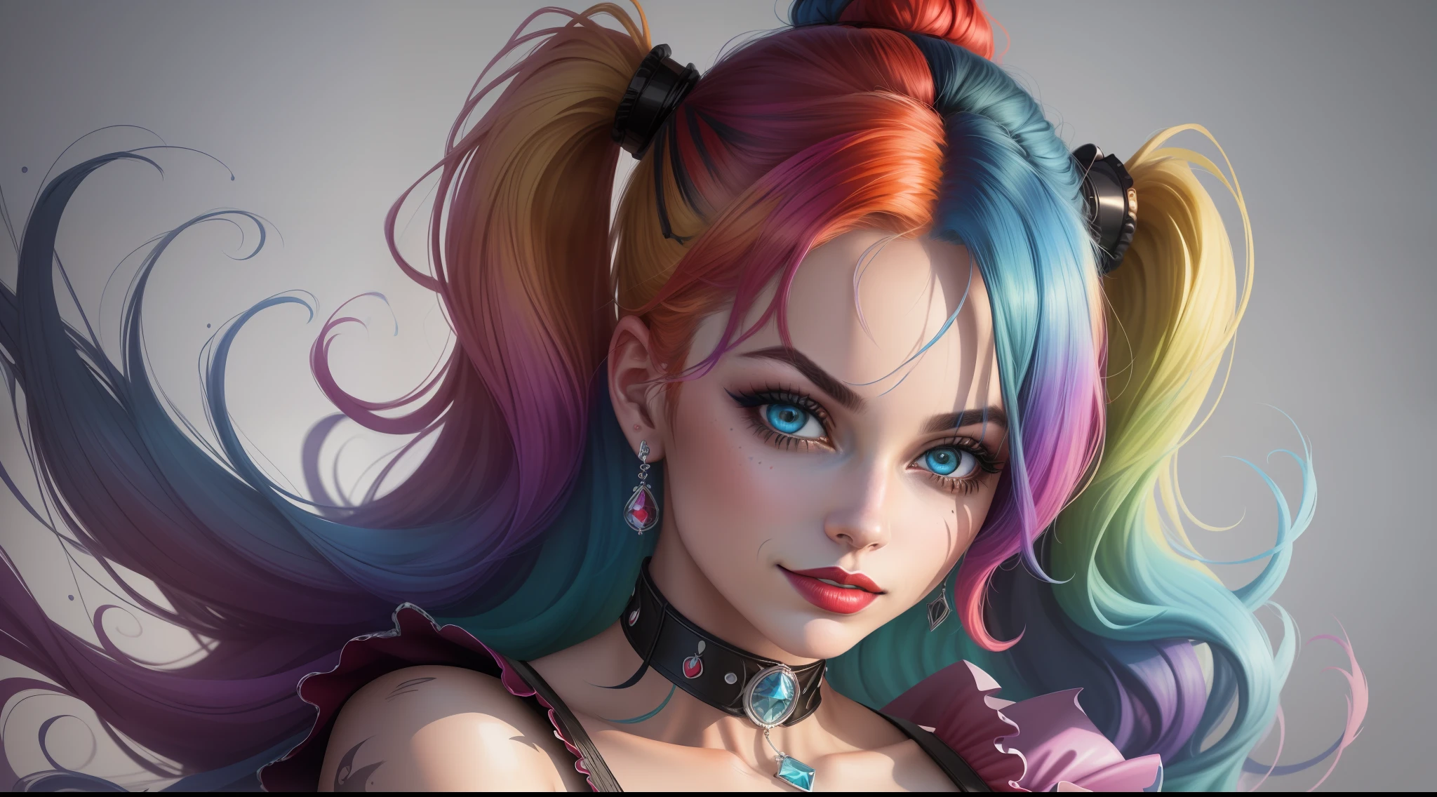 Create a color digital line art portrait of medium photo of the character of harley quinn from margot robbie Include colorful drips, paper texture, and perfect shading, with dramatic lighting. The artwork should be centered, stylized and elaborate, with a beautiful dress, beautiful eyes and a dynamic pose. TanvirTamim. rendered in 8K resolution for high quality detail, 8K image quality, 8k high resolution image, hyper detailed, super realistic, intricate details
