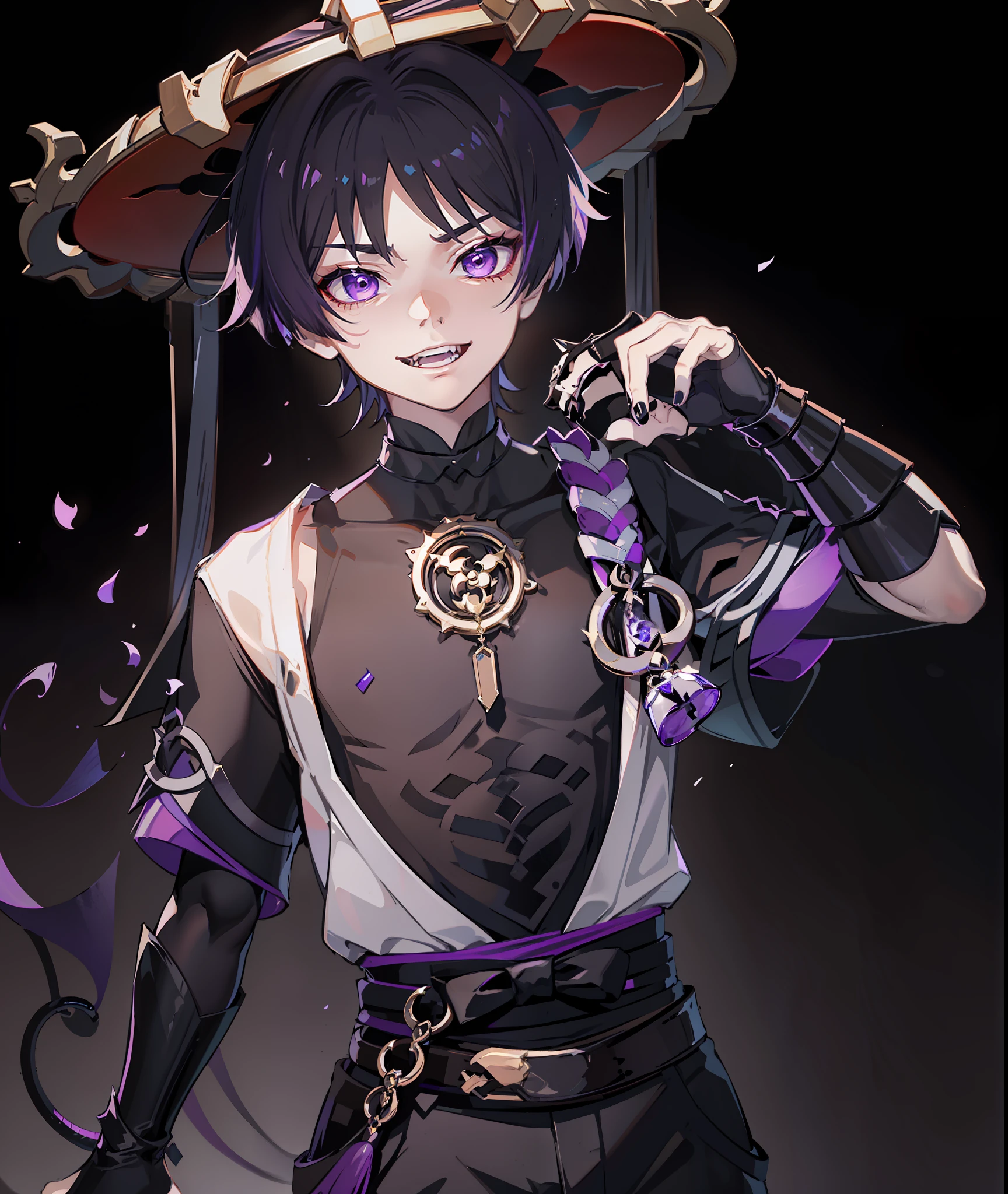 genshin_impact scaramouche_(genshin_impact) highres 1boy alternate_costume black_background black_nails black_shirt black_shorts bridal_gauntlets candle candlelight demon_boy demon_horns demon_tail head_rest horns jewelry lying male_focus on_stomach purple_eyes purple_hair ring shirt shorts smile solo tail teeth