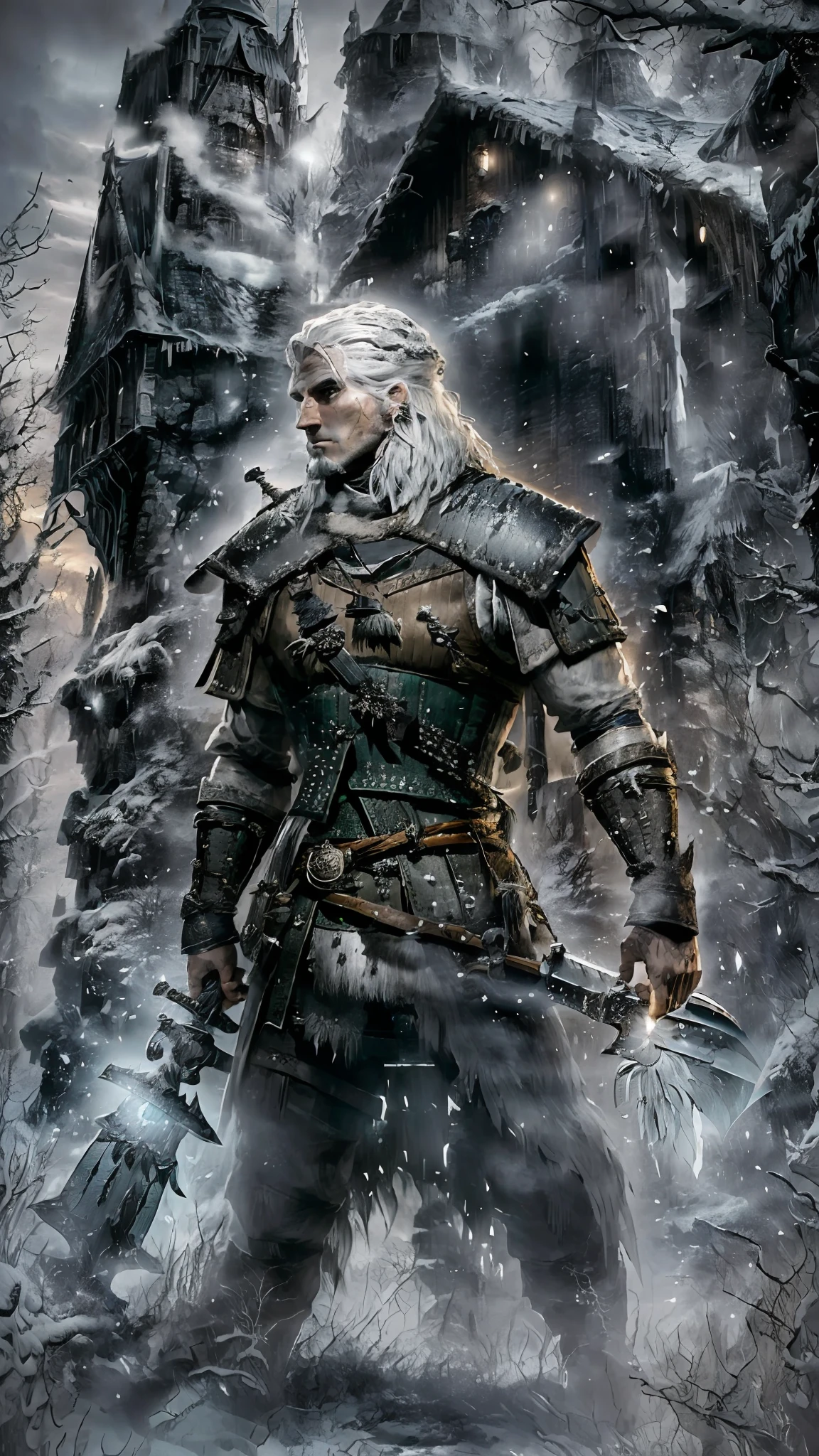 Man (white) with big gray hair, Gerald de rivia style hunter costume (the witcher 3), Man with muscular silhouette, handle of two swords on the back, orange neon colored eyes, Gerald of rivia, imposing posture, background of a forest at night, dark and terrifying forest.