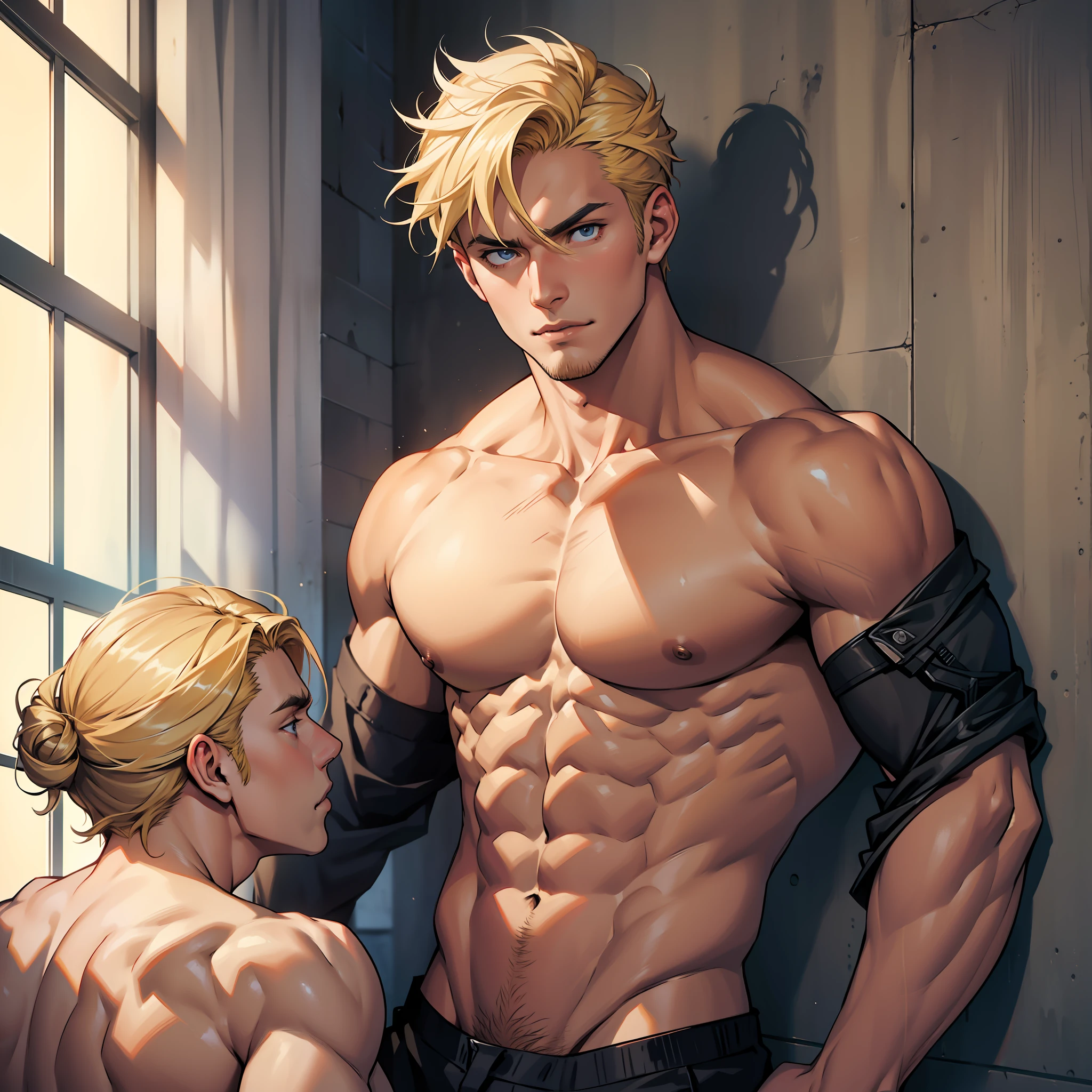 Two men, one being pushed against the wall, warm light, sexy, topless, abs, muscular, Yaoi, blond_hair, moody,