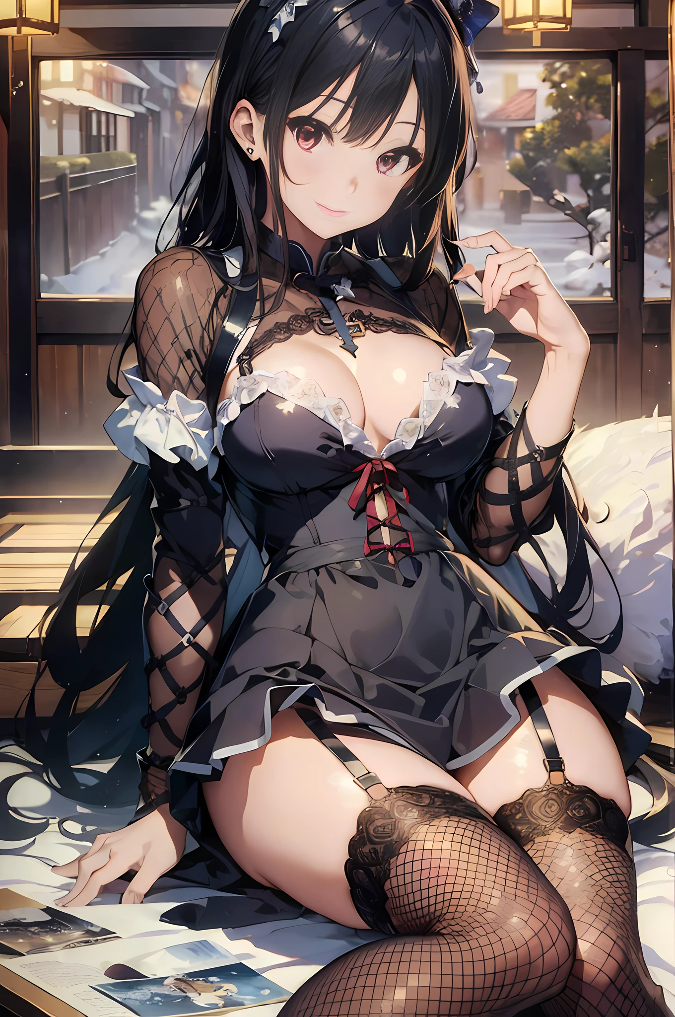 (masterpiece, best quality, ultra detailed, high resolution, absurdres:1.4), (shiny black hair, smooth and white shiny skins:1.2), (super fine illustration, extremely detailed CG unity 8k wallpaper), 1girl, extremely cute and beautiful girl. slender, medium breasts, black, pink, BREAK, (lace), (single fishnet legwear, single garter strap, cross-laced sleeves, cross-laced clothes:1.2), heart, collar, ribbon choker, ear piercing, BREAK, Chinese dress, gothic ****ta, knee-length skirt, BREAK, background is Japanese hotel in the night, ryokan, wasitu background, light grin smile,