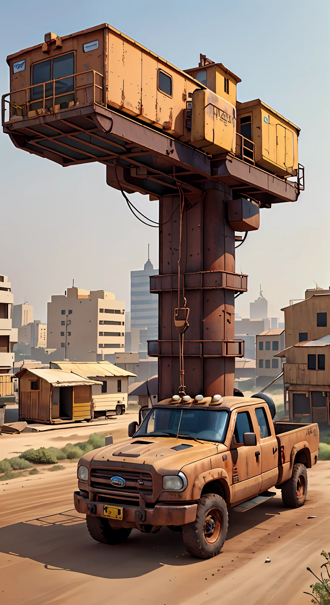 A rusty bucket truck, brown in color and with yellowish headlights, a large rectangular body, with an upper part that can be lifted to load and unload objects, cabin is small and stands in an elevated position, allowing a good view of the surrounding environment, Dubai, United Arab Emirates