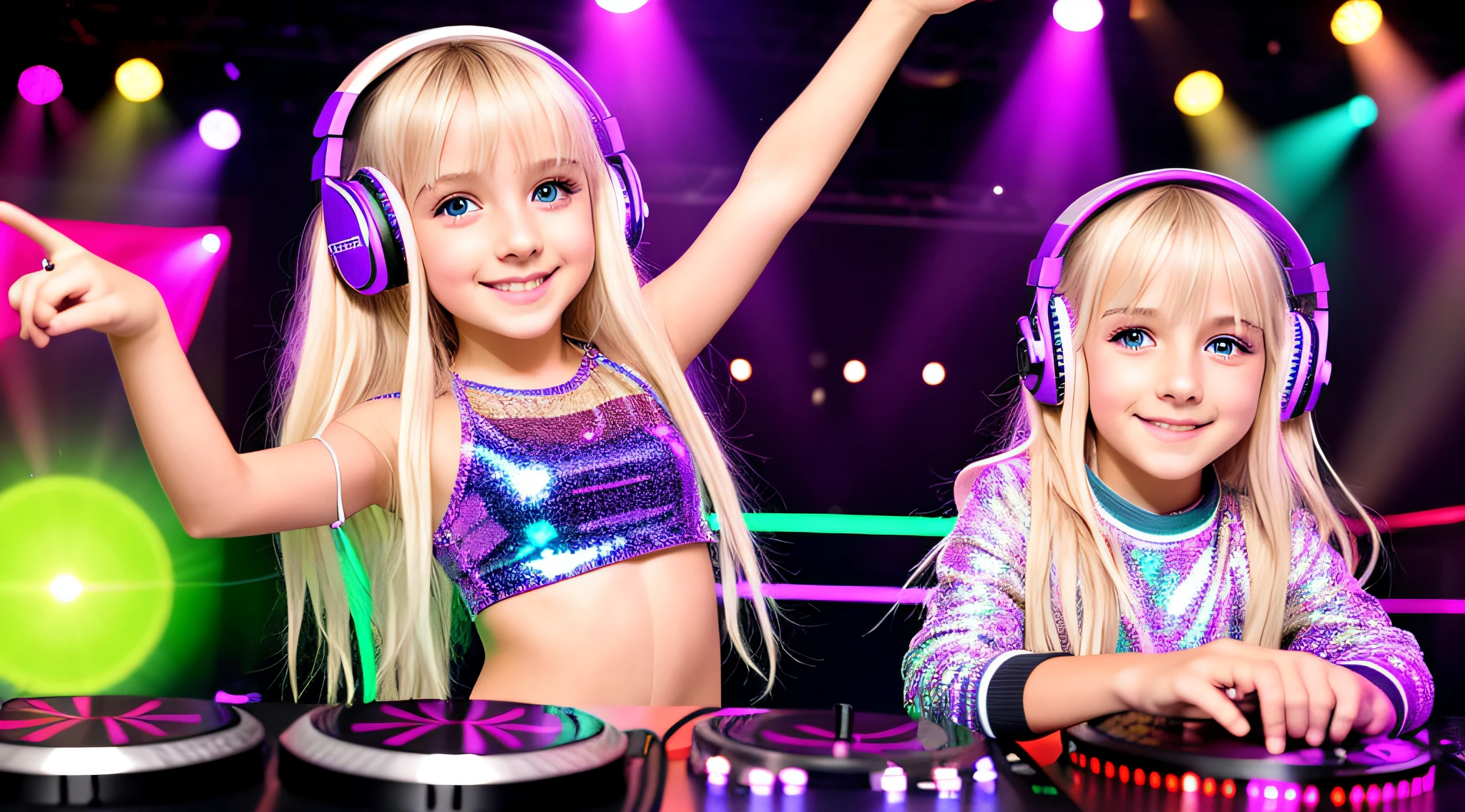 BLONDE girl, golden eyes, platinum haired girl, with headphones holding a disco ball and disco ball, dj rave headphones, disco party, nightclub dancing inspired, raver girl, disco dances, disco, dj at a party, disco smile, girl wearing headphones, dj, dj rave party, dj sura, with headphones, disco ball, vibing to music, rave girl, with headphones